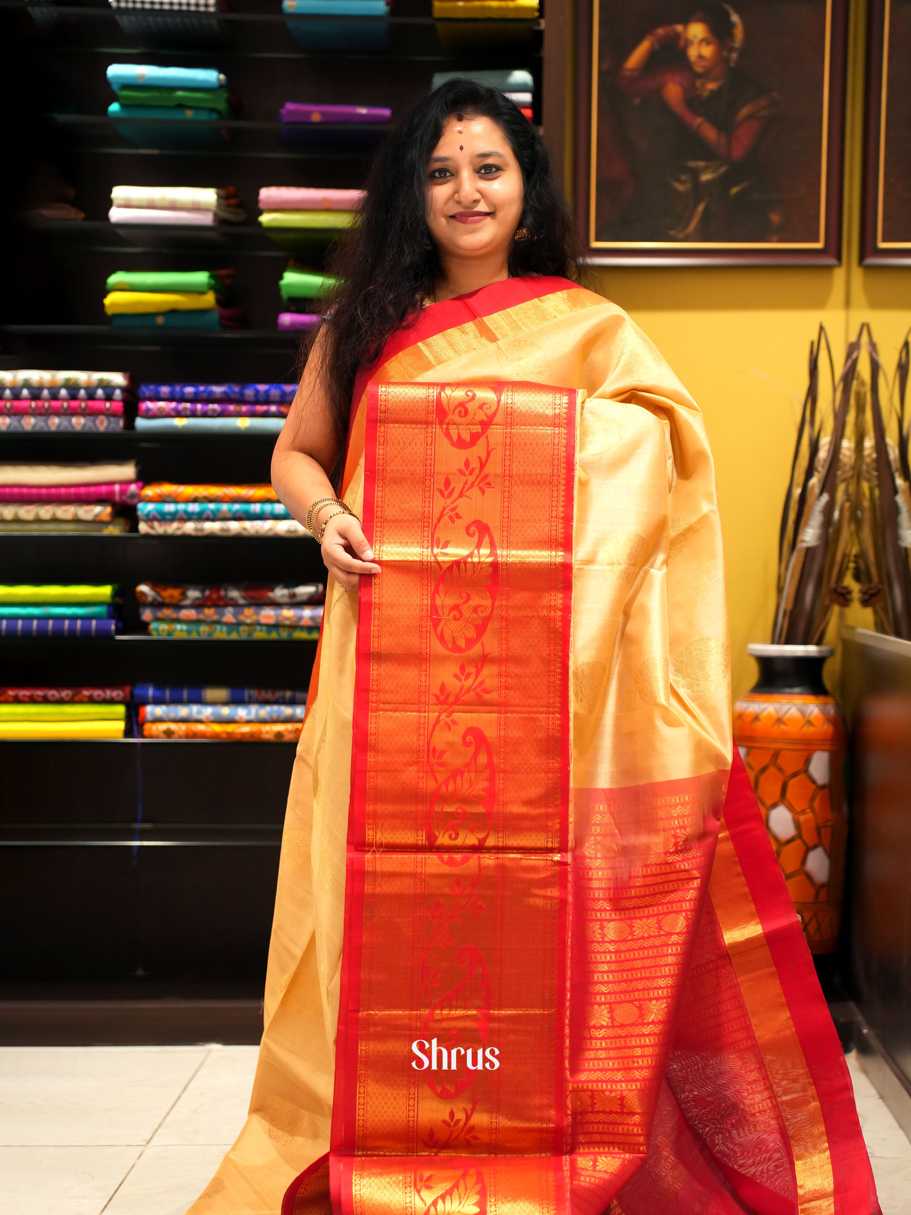 Beige & Red - Silk Cotton Saree - Shop on ShrusEternity.com
