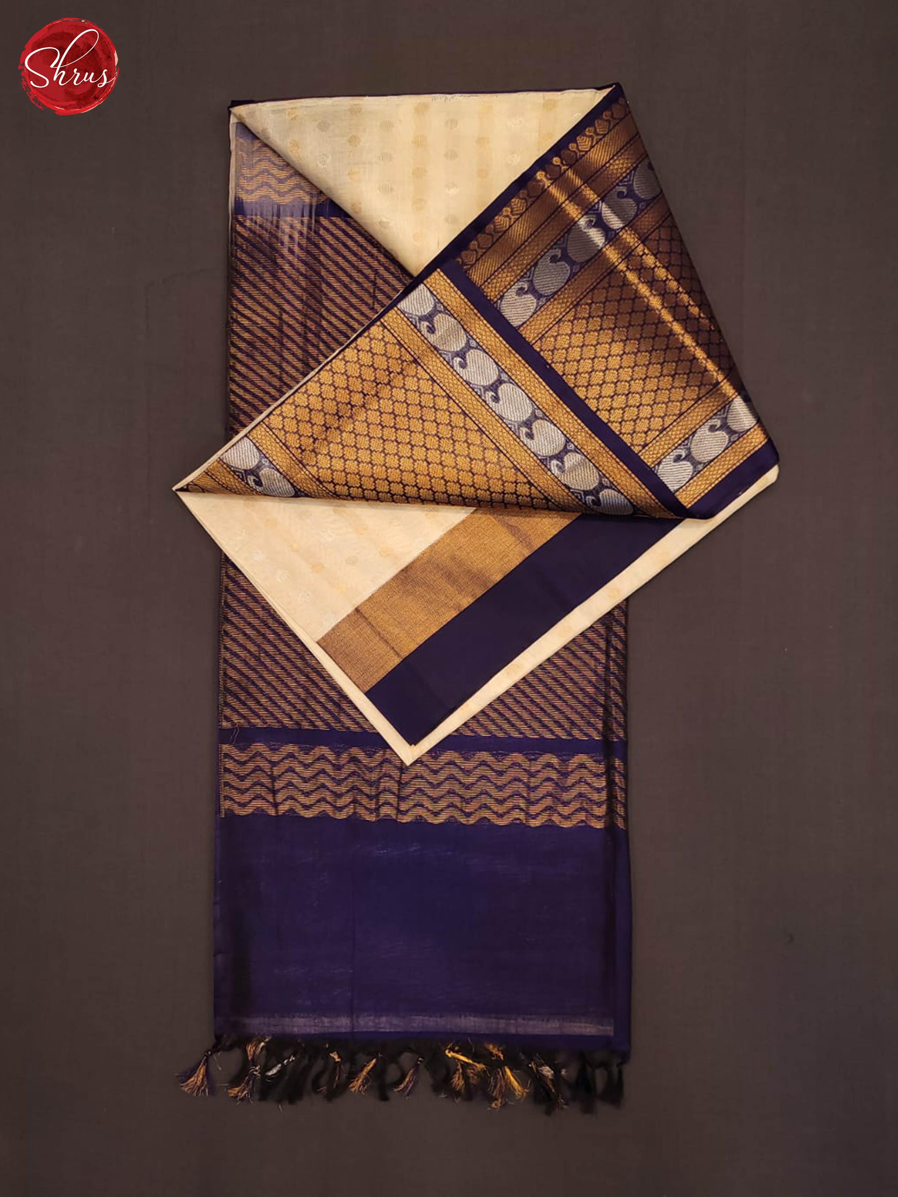 cream and Navy blue- Silk Cotton Saree - Shop on ShrusEternity.com