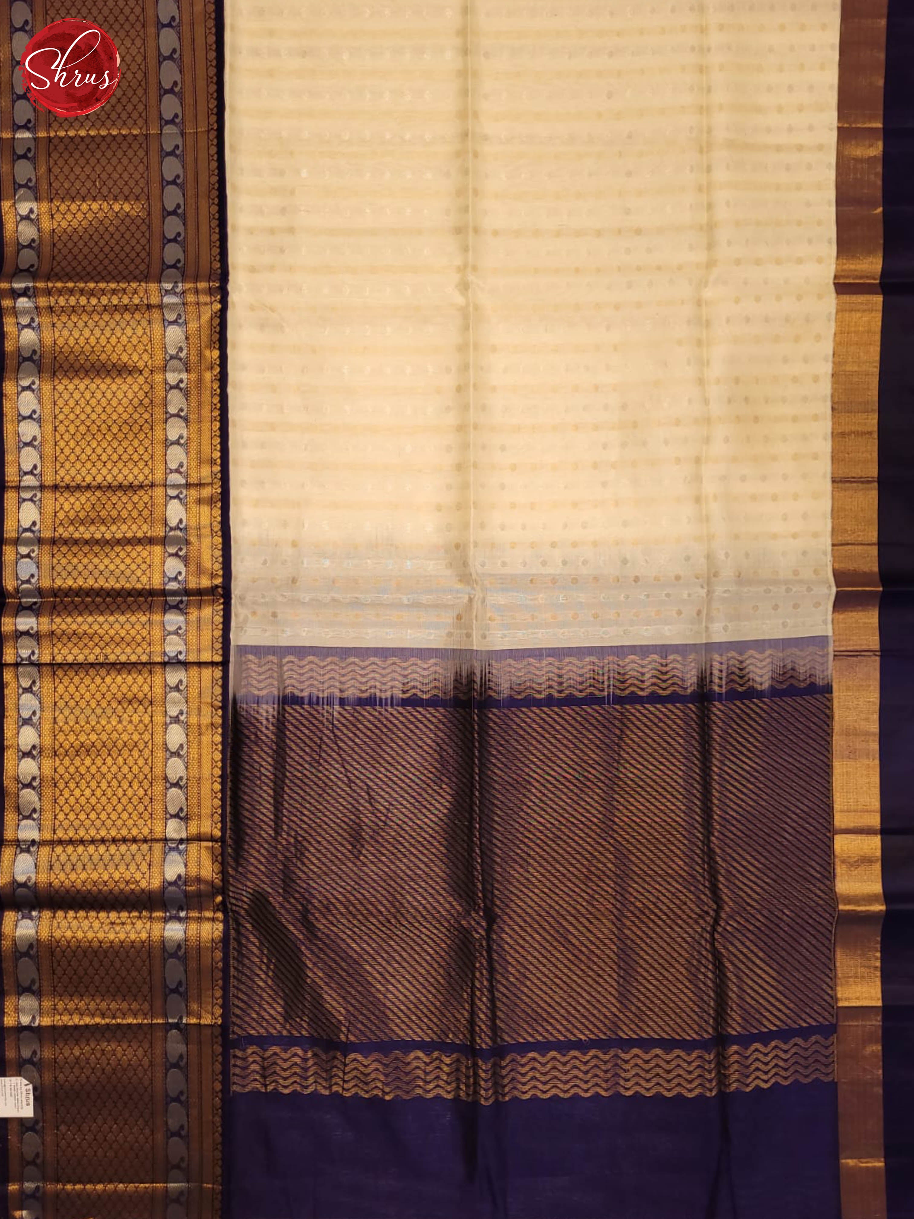 cream and Navy blue- Silk Cotton Saree - Shop on ShrusEternity.com