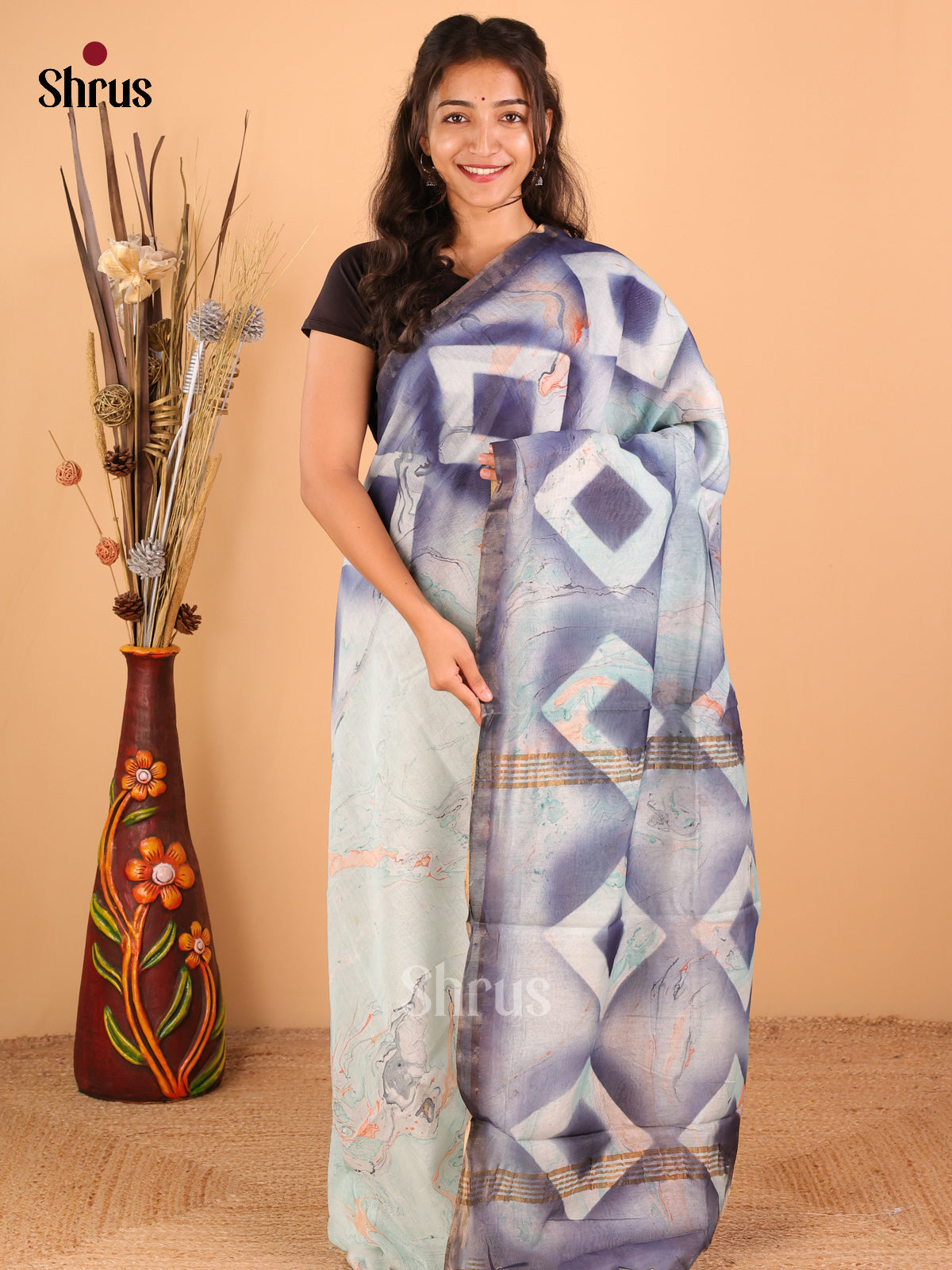 Sky blue with navy blue - Semi Chanderi - BES3026 - Shop on ShrusEternity.com
