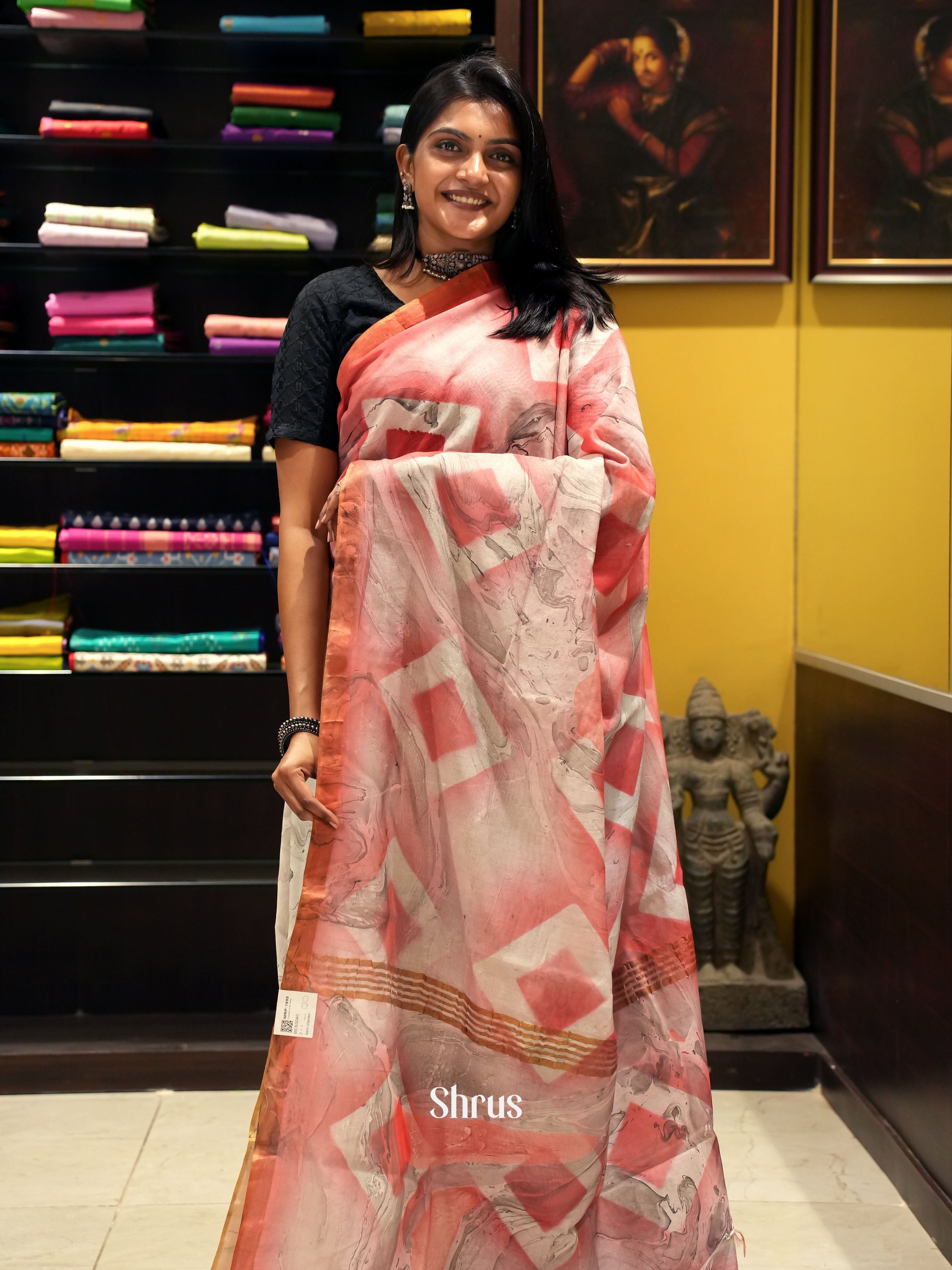 Grey & Red -Semi Chanderi Saree - Shop on ShrusEternity.com