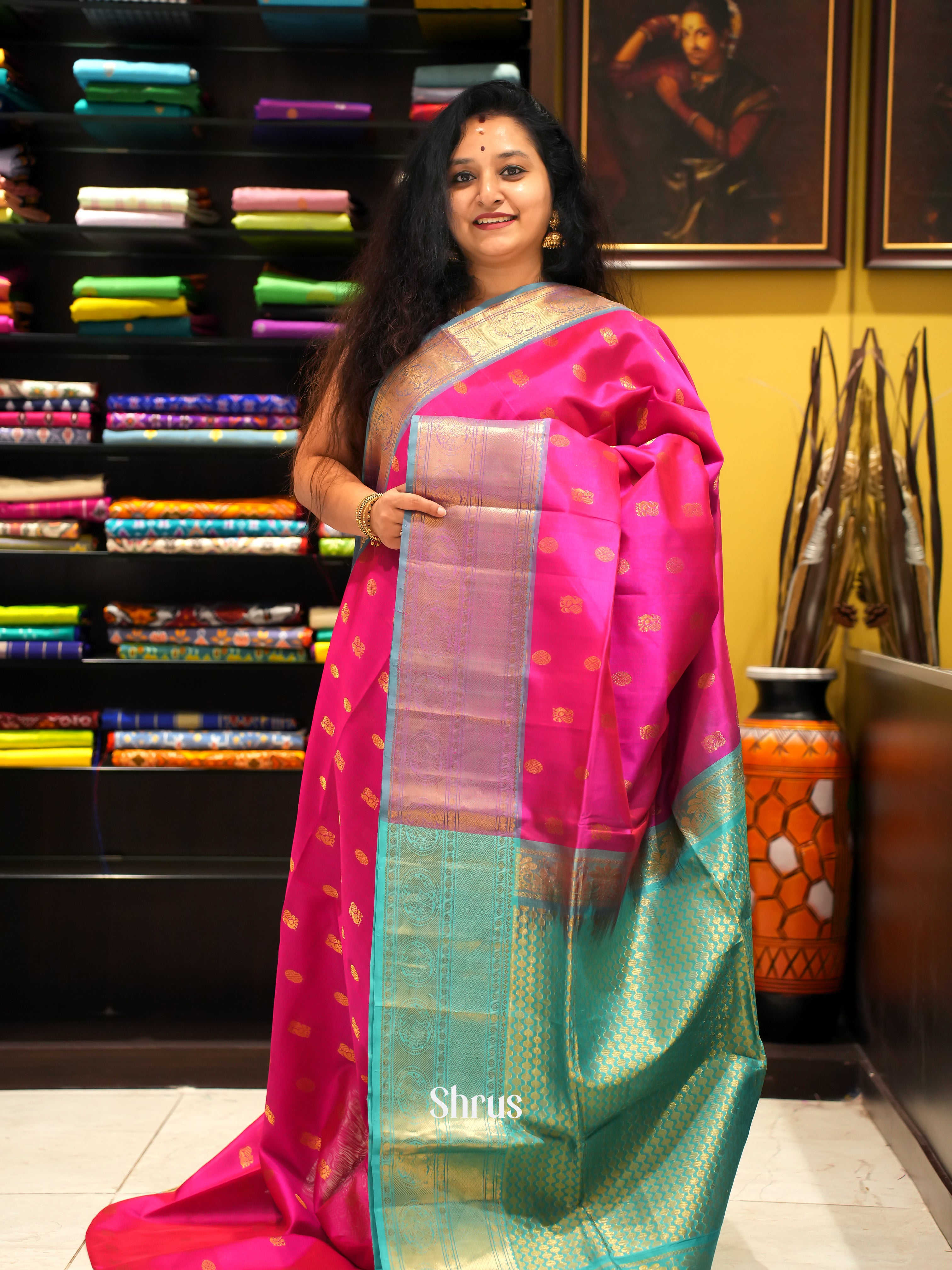 Pink And Green- Silk Cotton Saree - Shop on ShrusEternity.com