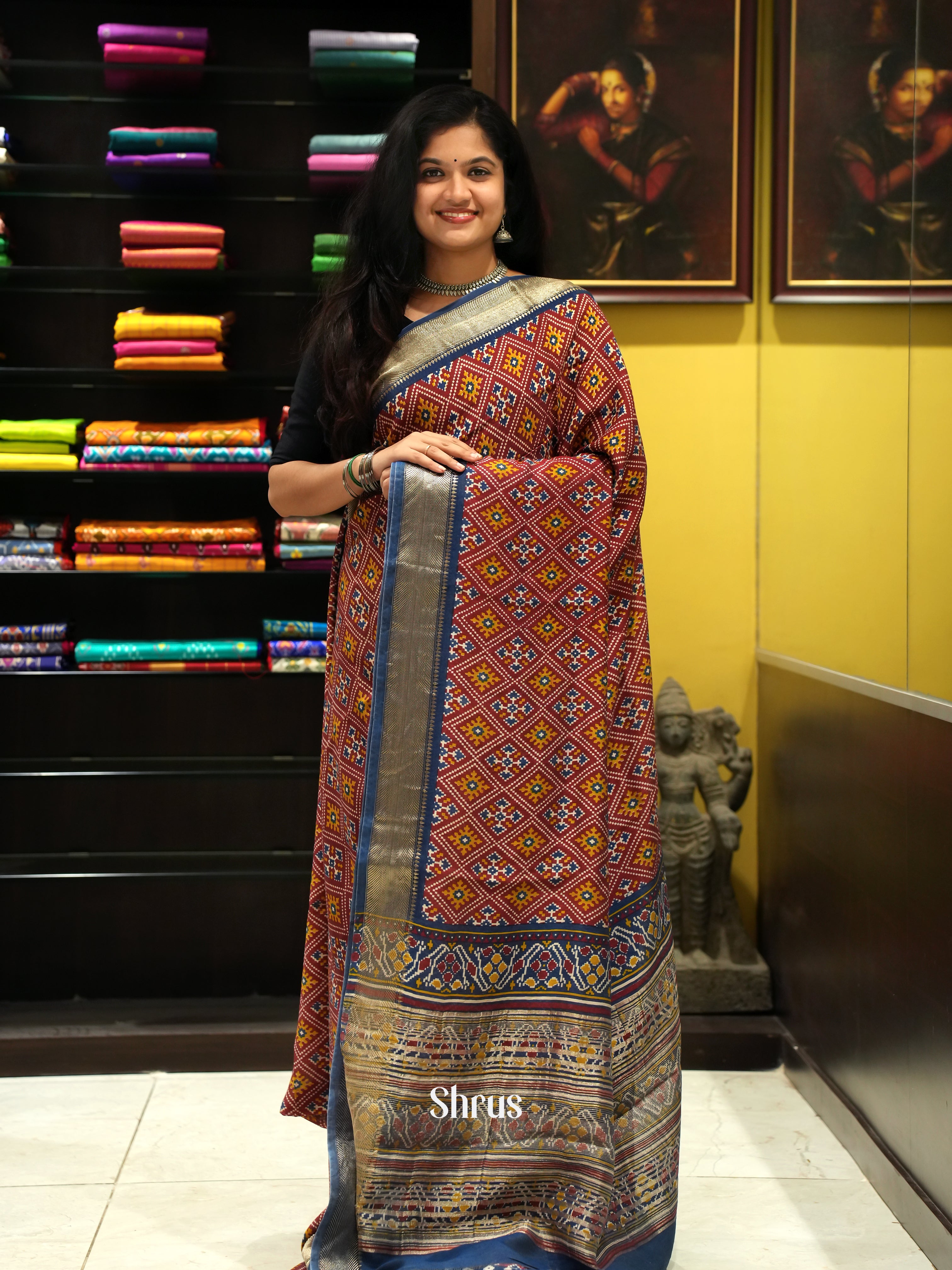 Maroon & Blue - Semi Crepe Saree - Shop on ShrusEternity.com