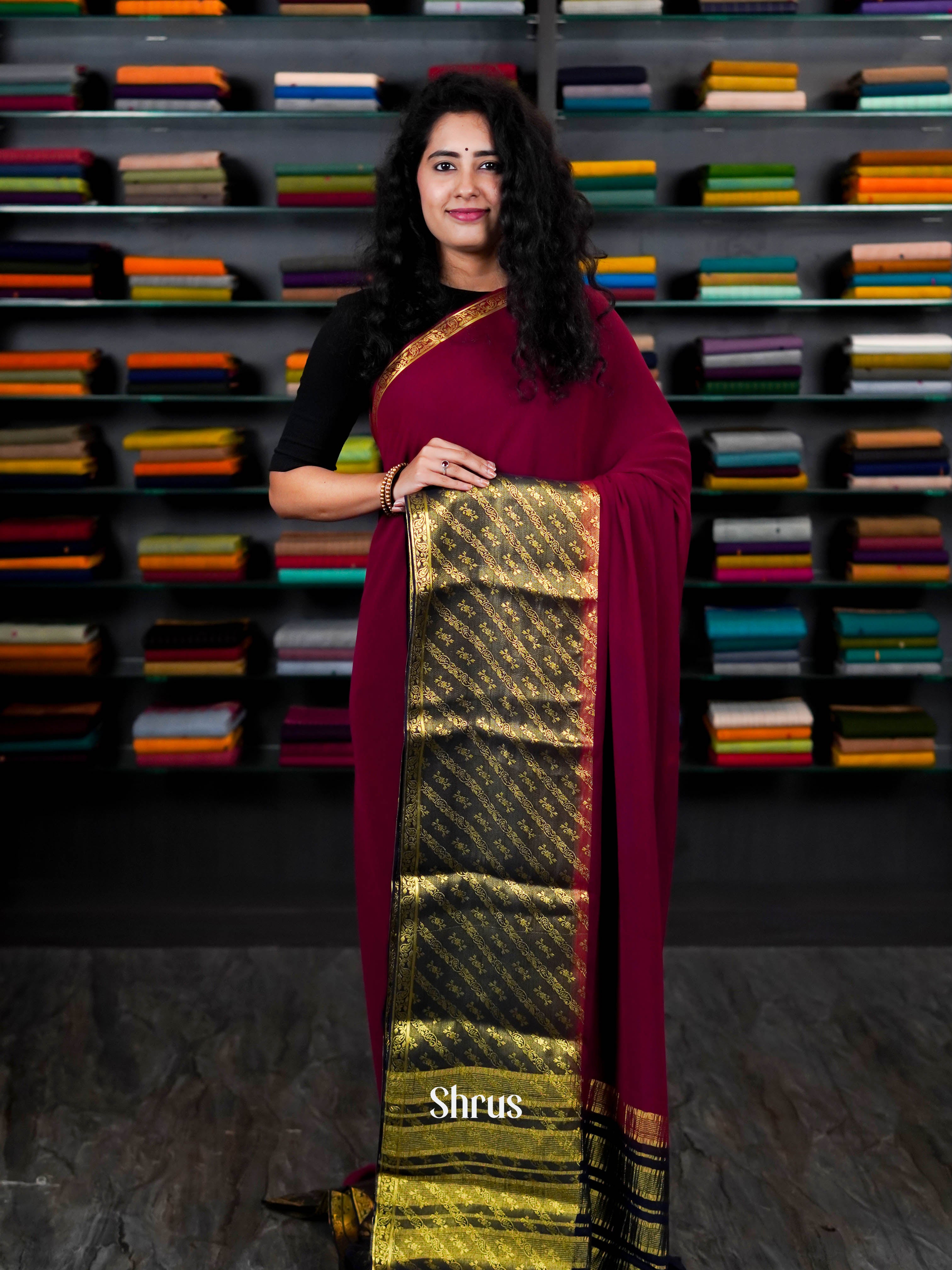 Maroon & Blue - Semi Mysore silk - Shop on ShrusEternity.com