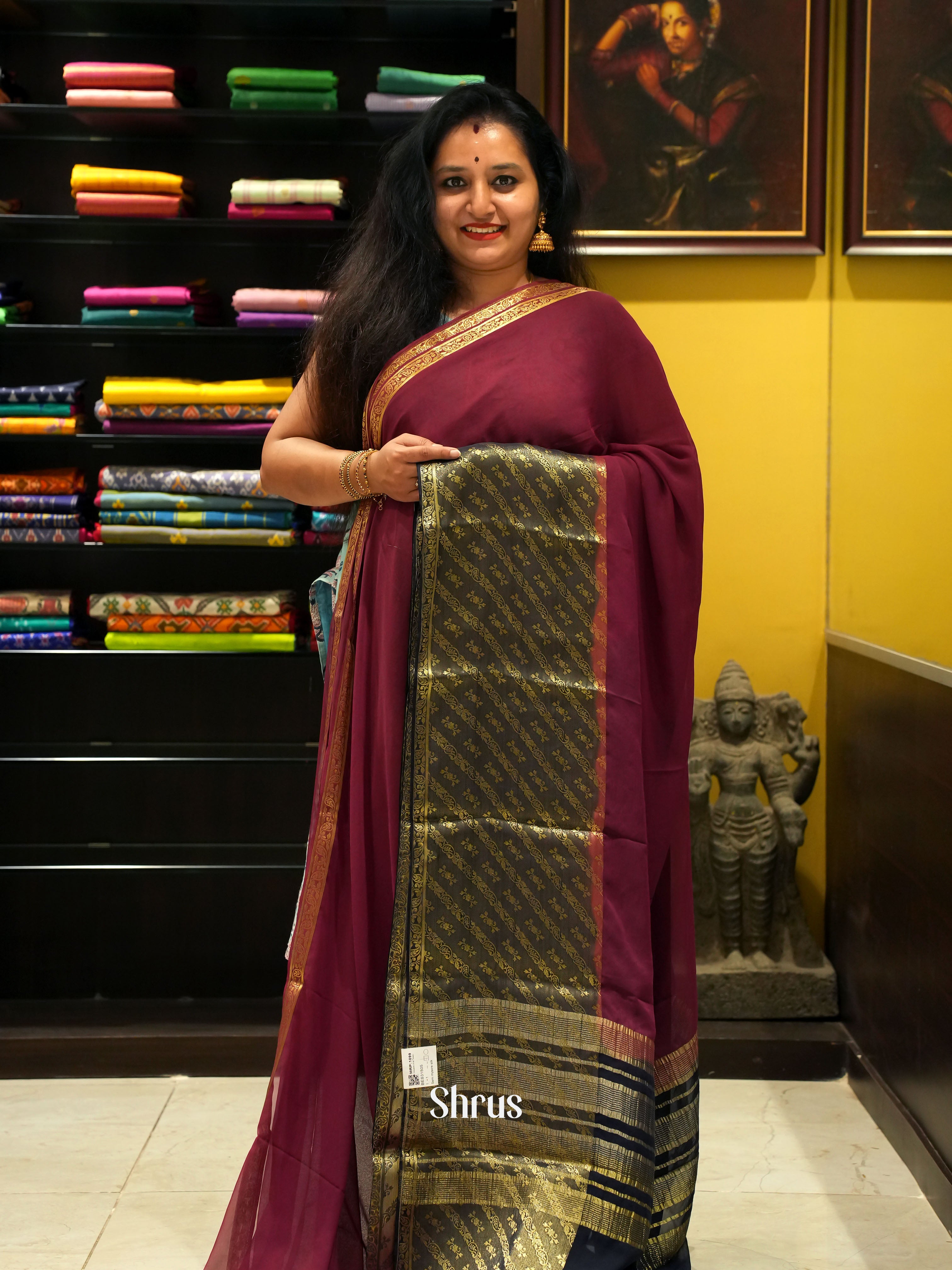 Maroon & Black - Semi Mysore Silk Saree - Shop on ShrusEternity.com