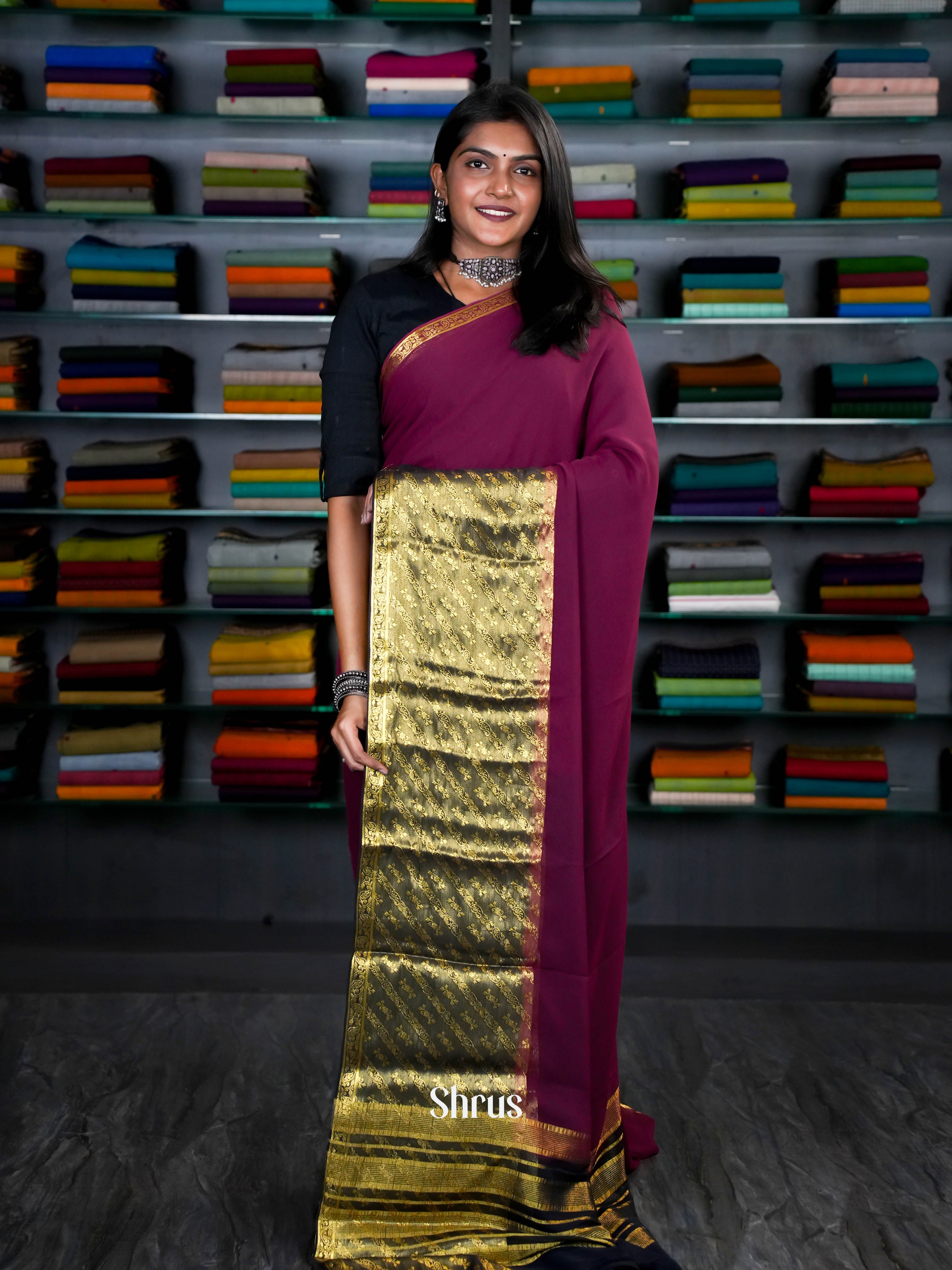 Maroon & Black - Semi Mysoresilk Saree - Shop on ShrusEternity.com