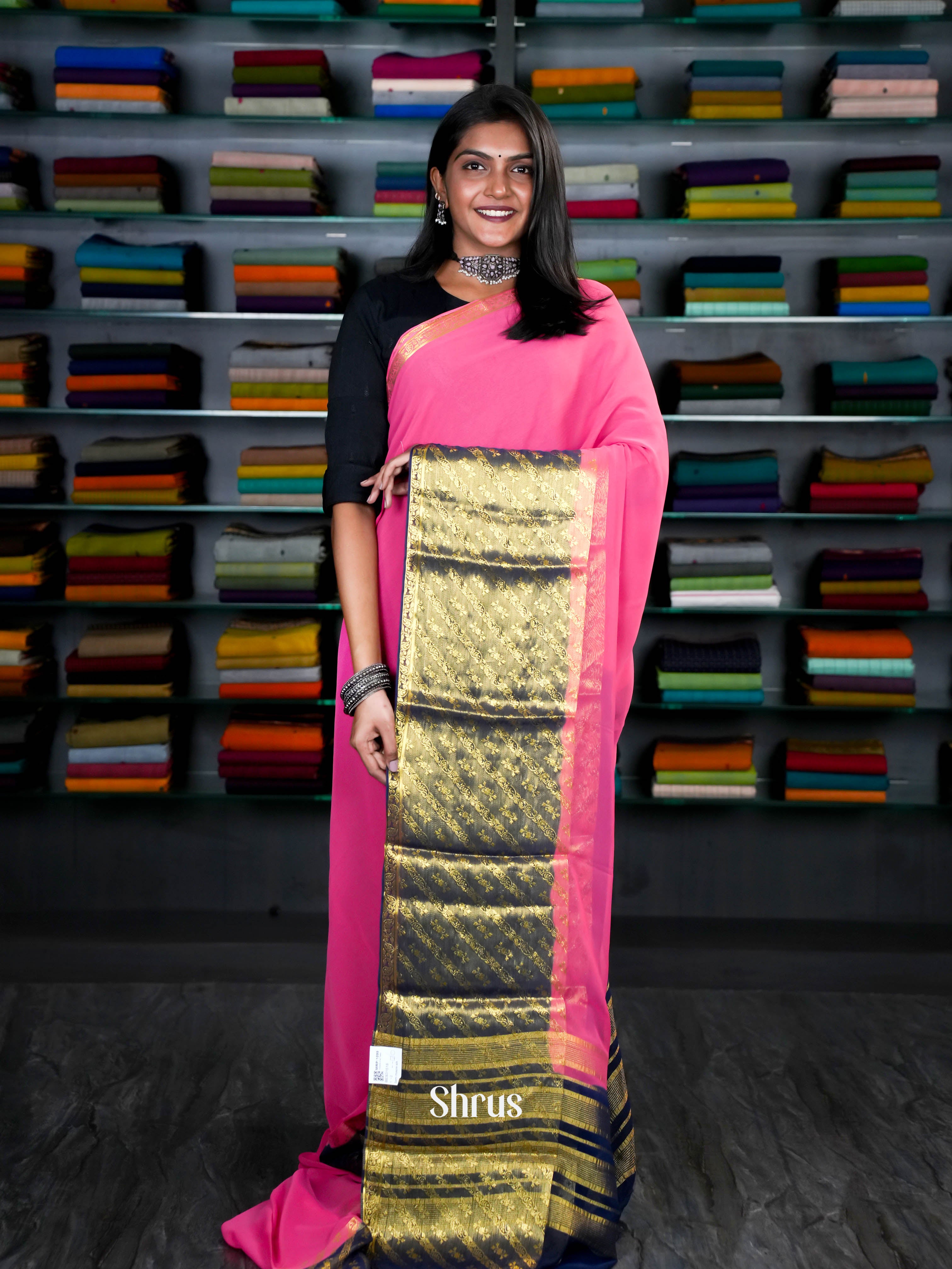 Pink & Blue- Semi Mysore silk - Shop on ShrusEternity.com