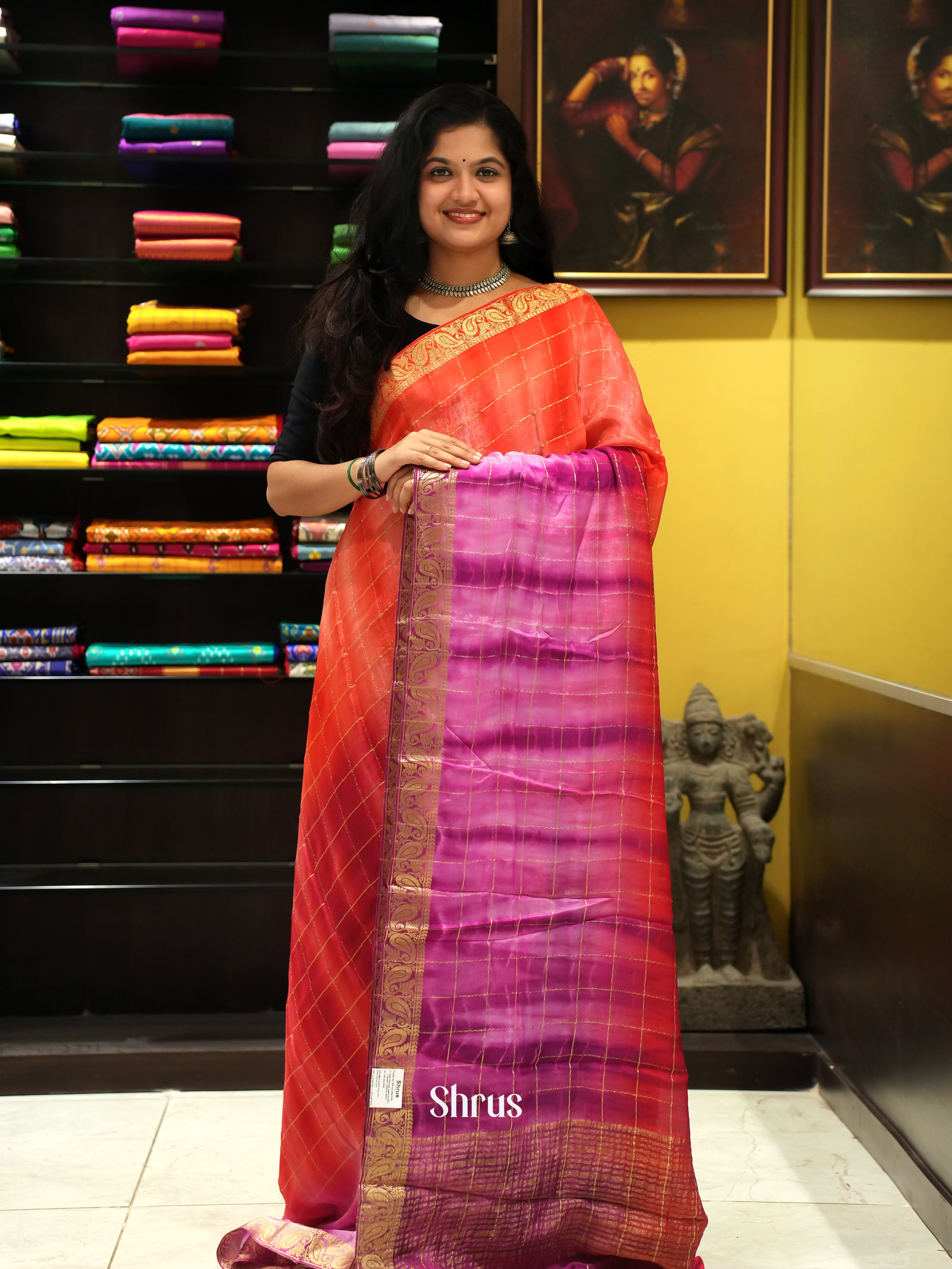 Pink And Orange-Semi crepe saree - Shop on ShrusEternity.com