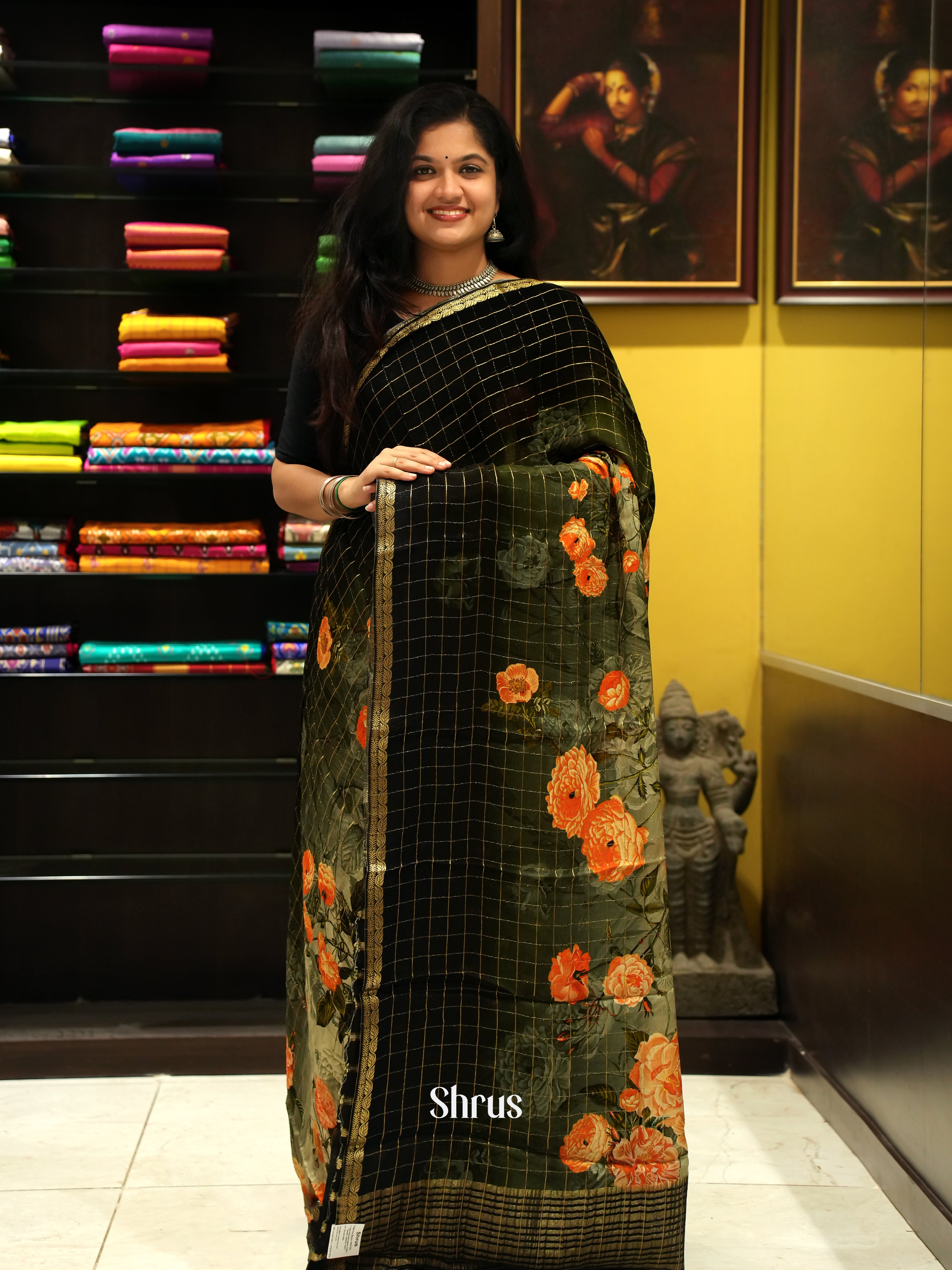 Green And Black-semi crepe saree - Shop on ShrusEternity.com