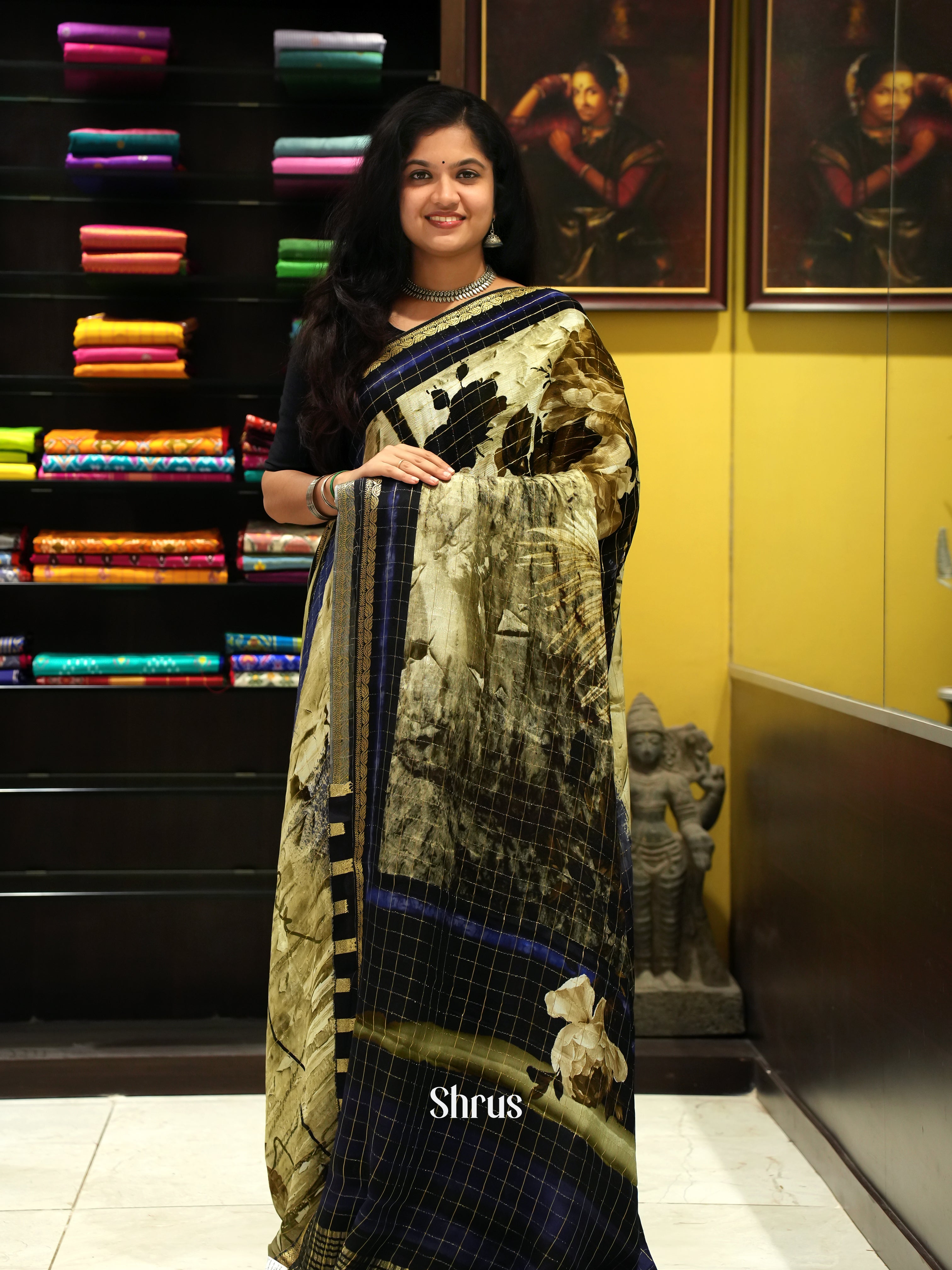 Grey & Black - Semi Crepe Saree - Shop on ShrusEternity.com