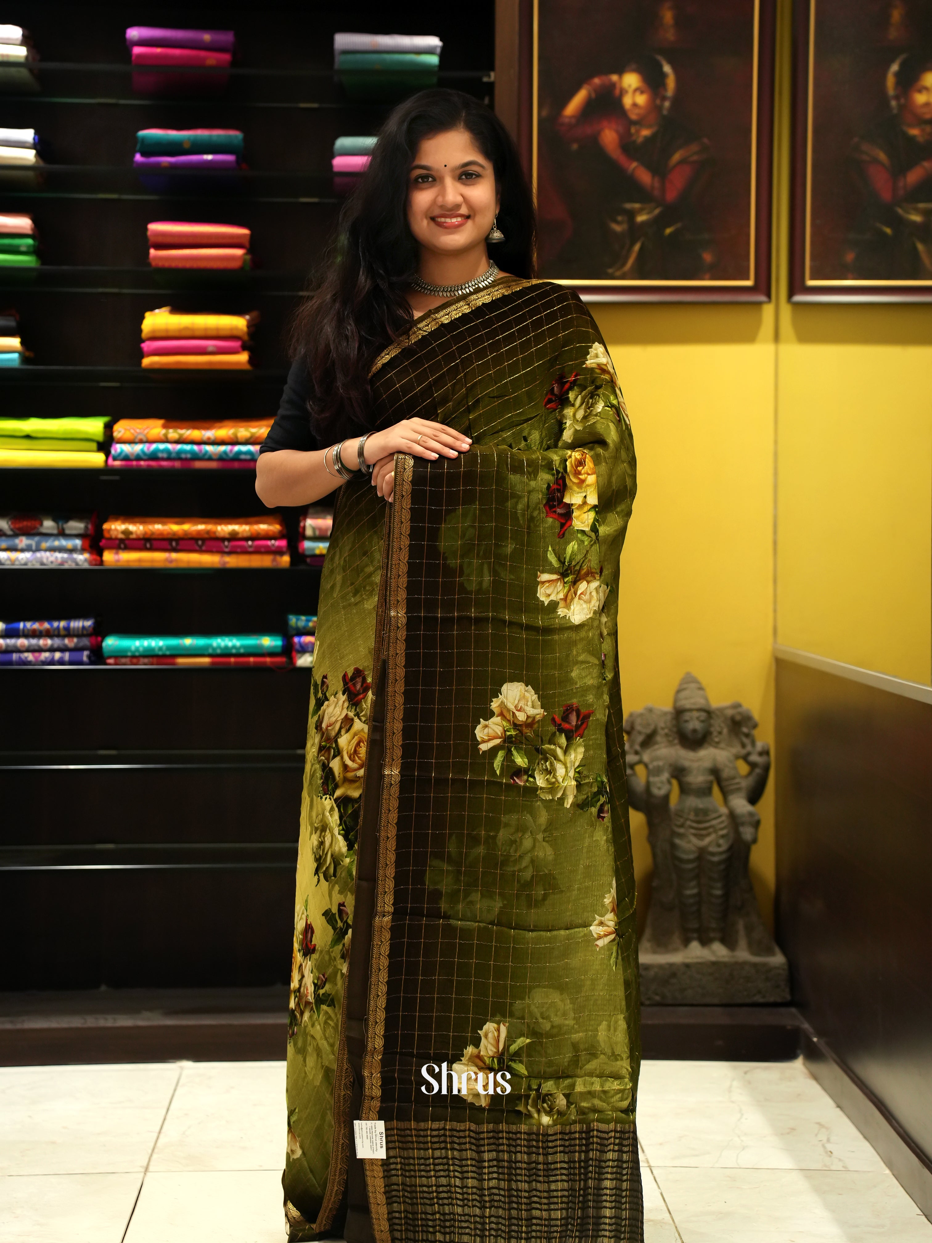 Green & Brown- Semi Crepe Saree - Shop on ShrusEternity.com