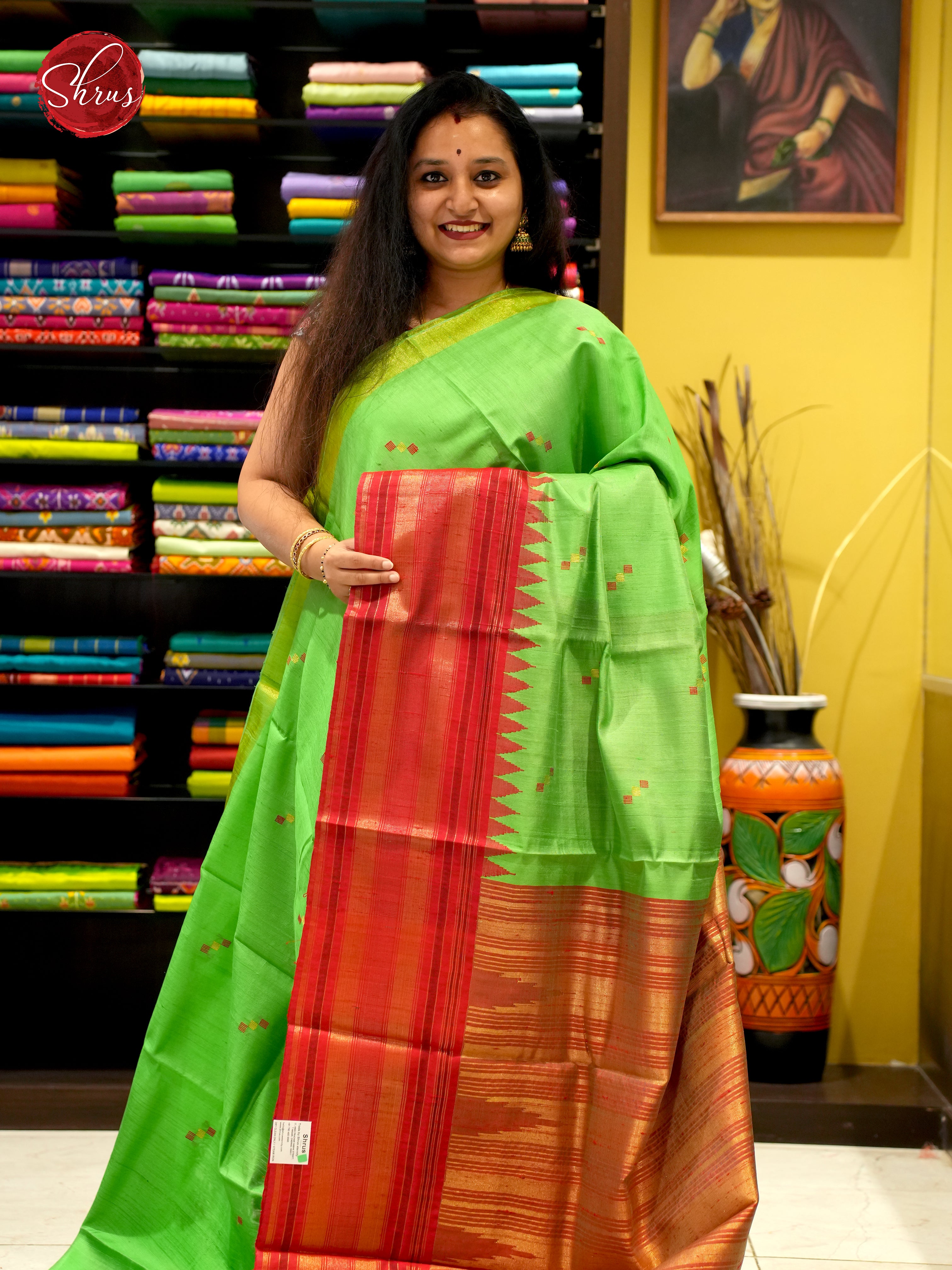 Green And Red-Raw Silk Saree - Shop on ShrusEternity.com