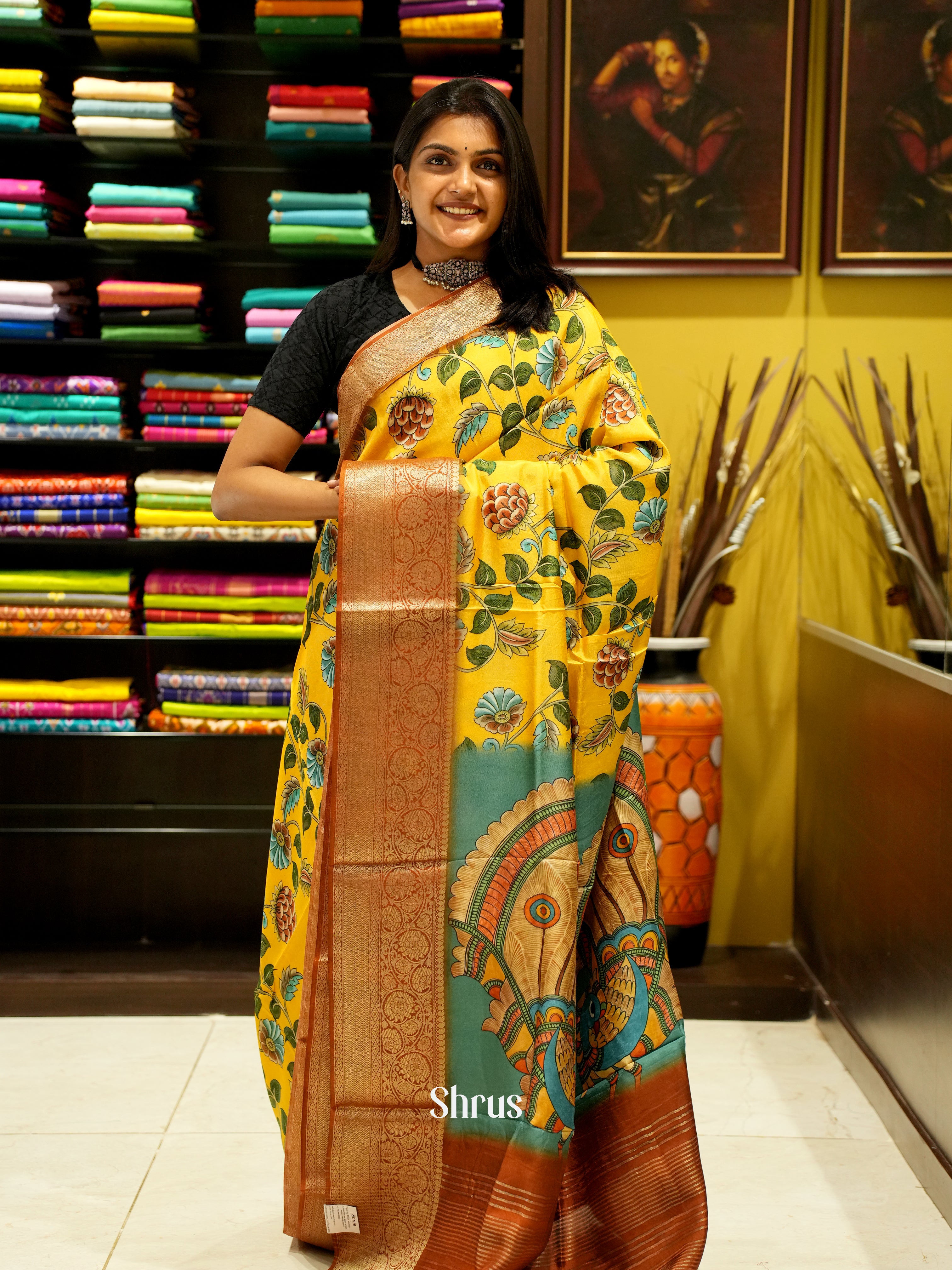 yellow and Brown-semi crepe saree - Shop on ShrusEternity.com