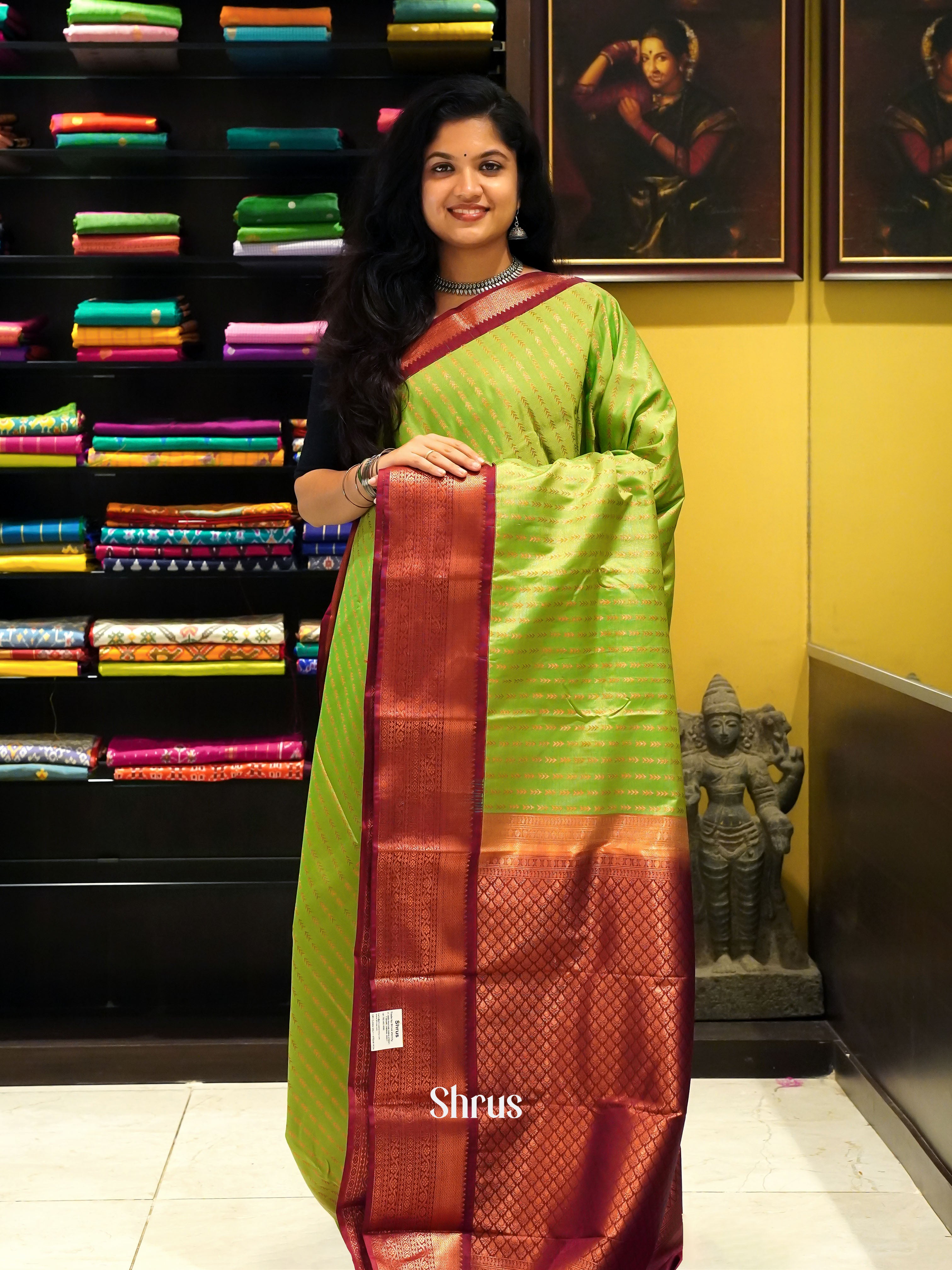 Green & Maroon - Semi Kanchipuram Saree - Shop on ShrusEternity.com