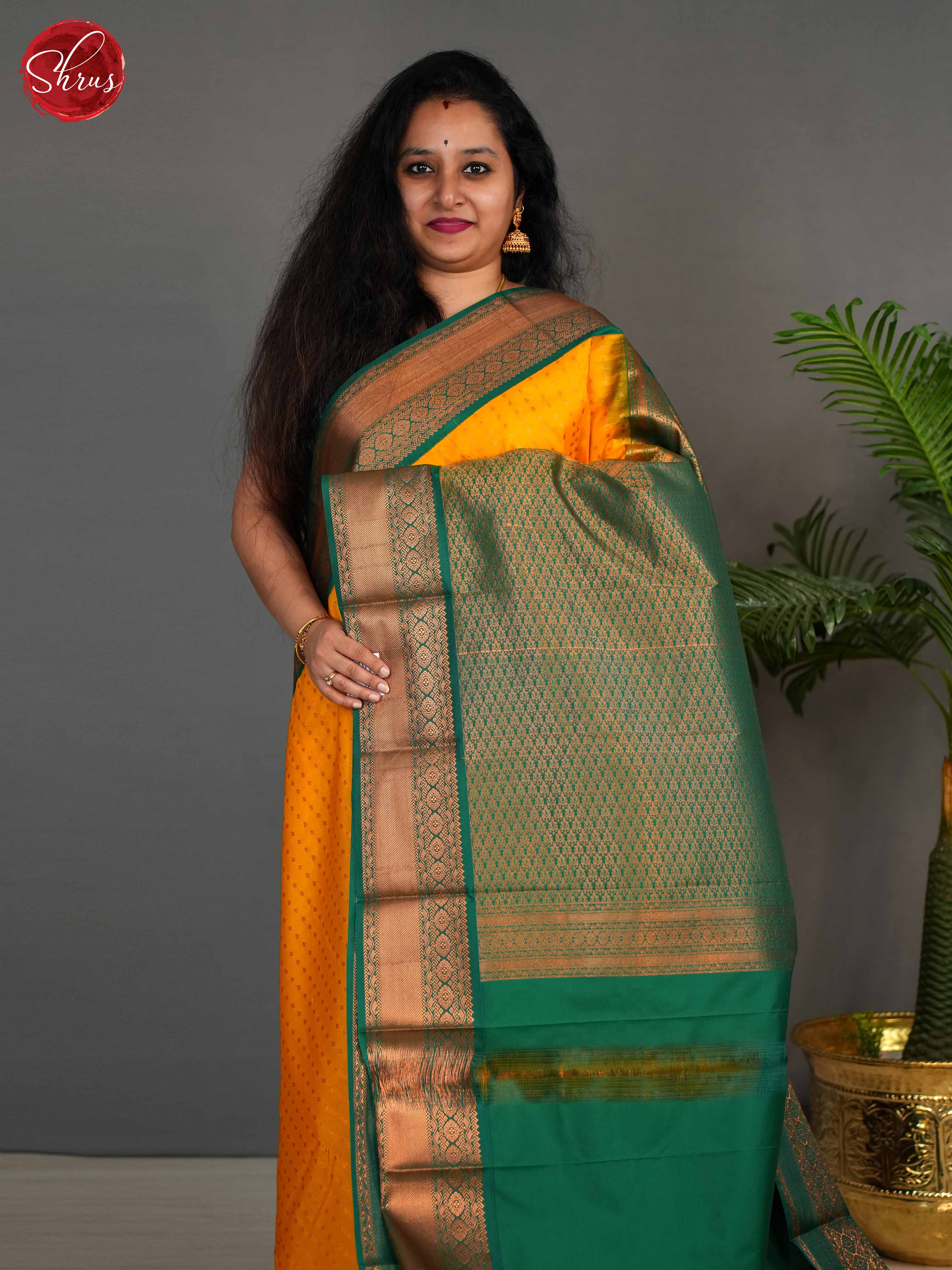 Yellow & Green - Semi Kanchipuram Saree - Shop on ShrusEternity.com