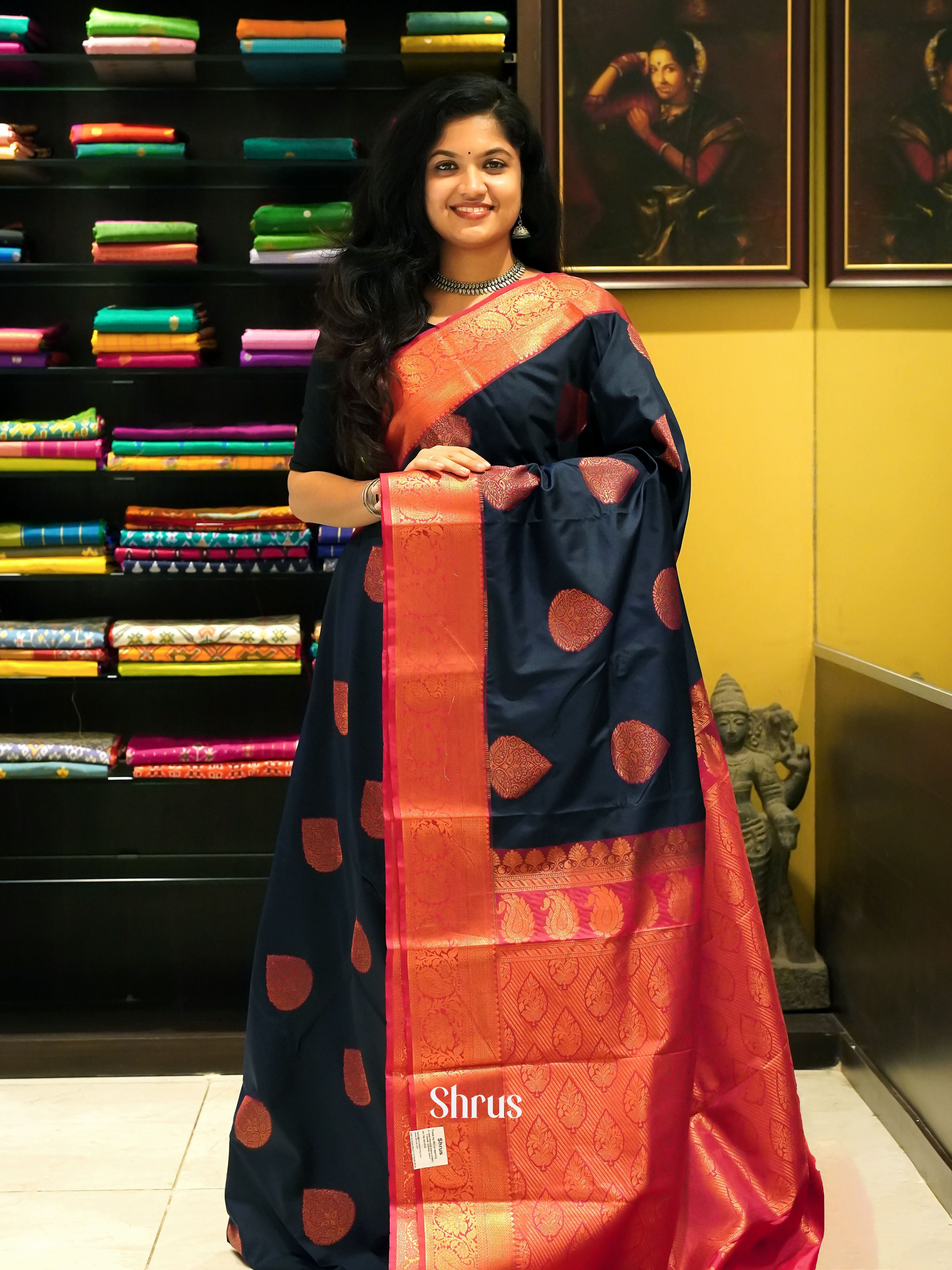 Navy Blue & Pink - Semi Kanchipuram Saree - Shop on ShrusEternity.com
