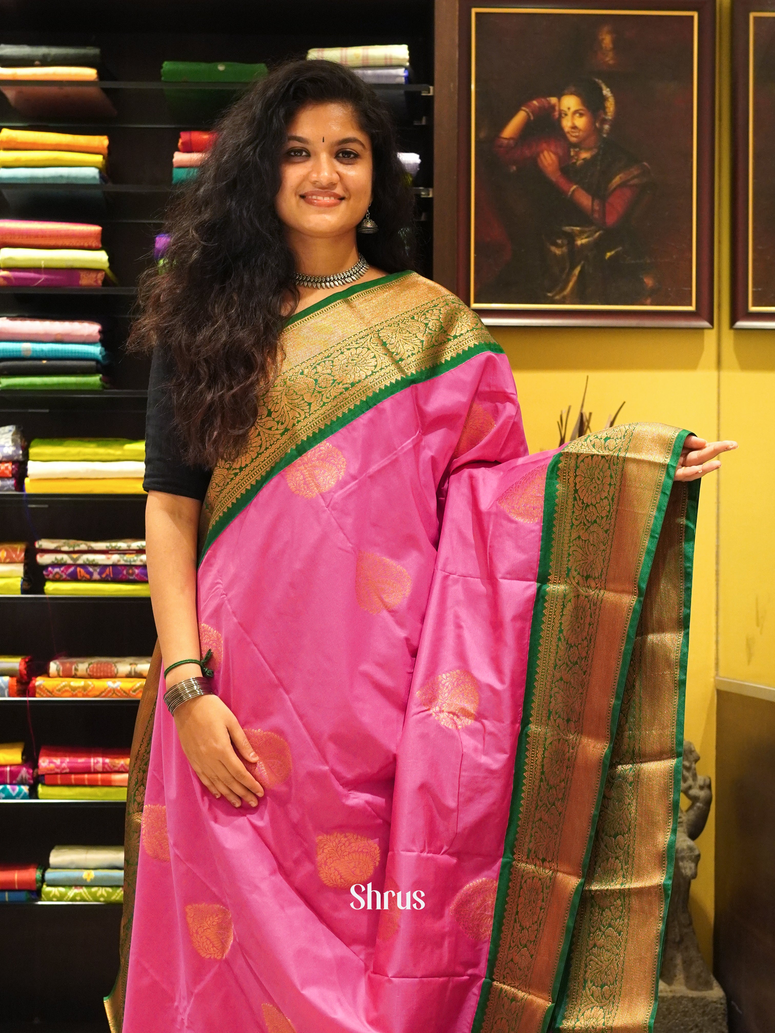 Pink & Green - Semi Kanchipuram Saree - Shop on ShrusEternity.com