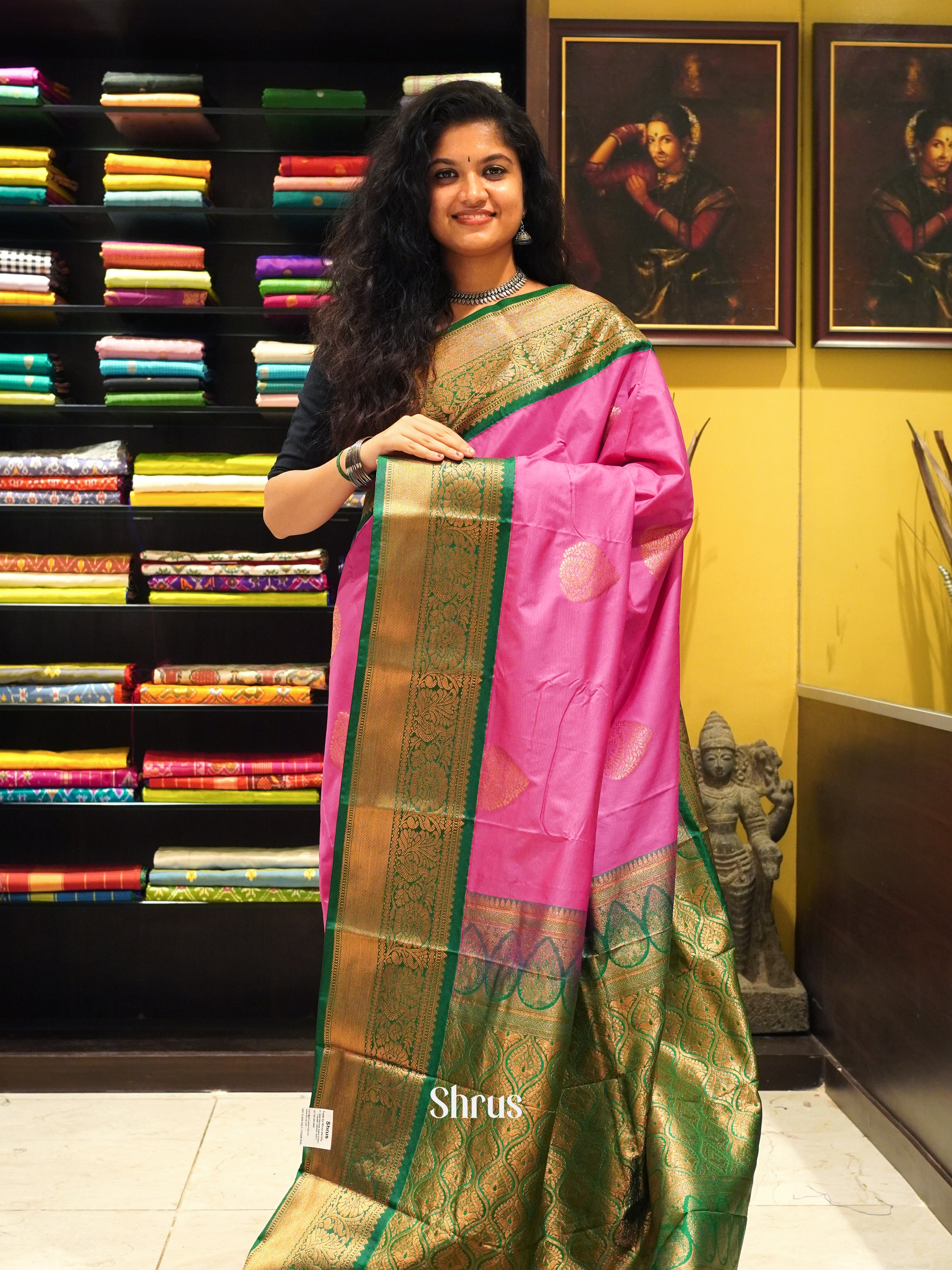 Pink & Green - Semi Kanchipuram Saree - Shop on ShrusEternity.com