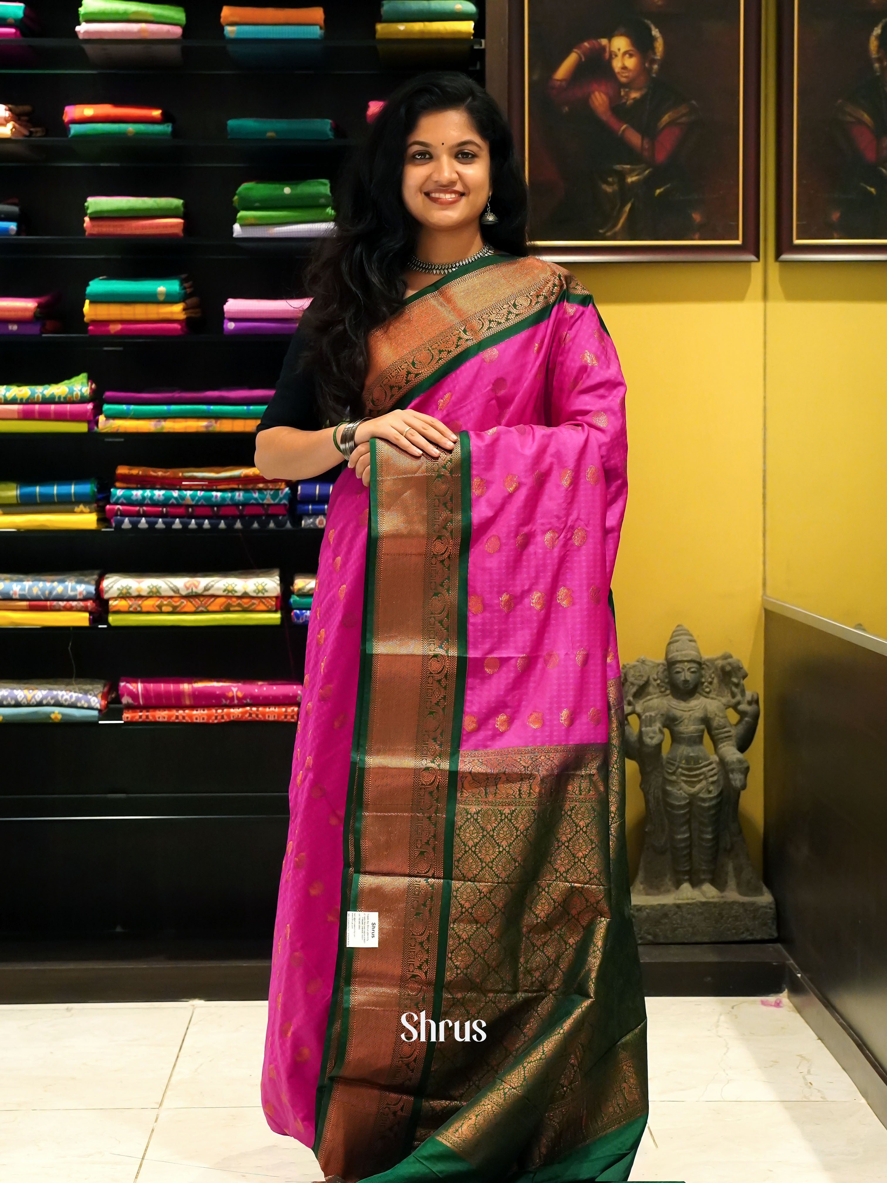 Pink & Green- Semi Kanchipuram Saree - Shop on ShrusEternity.com