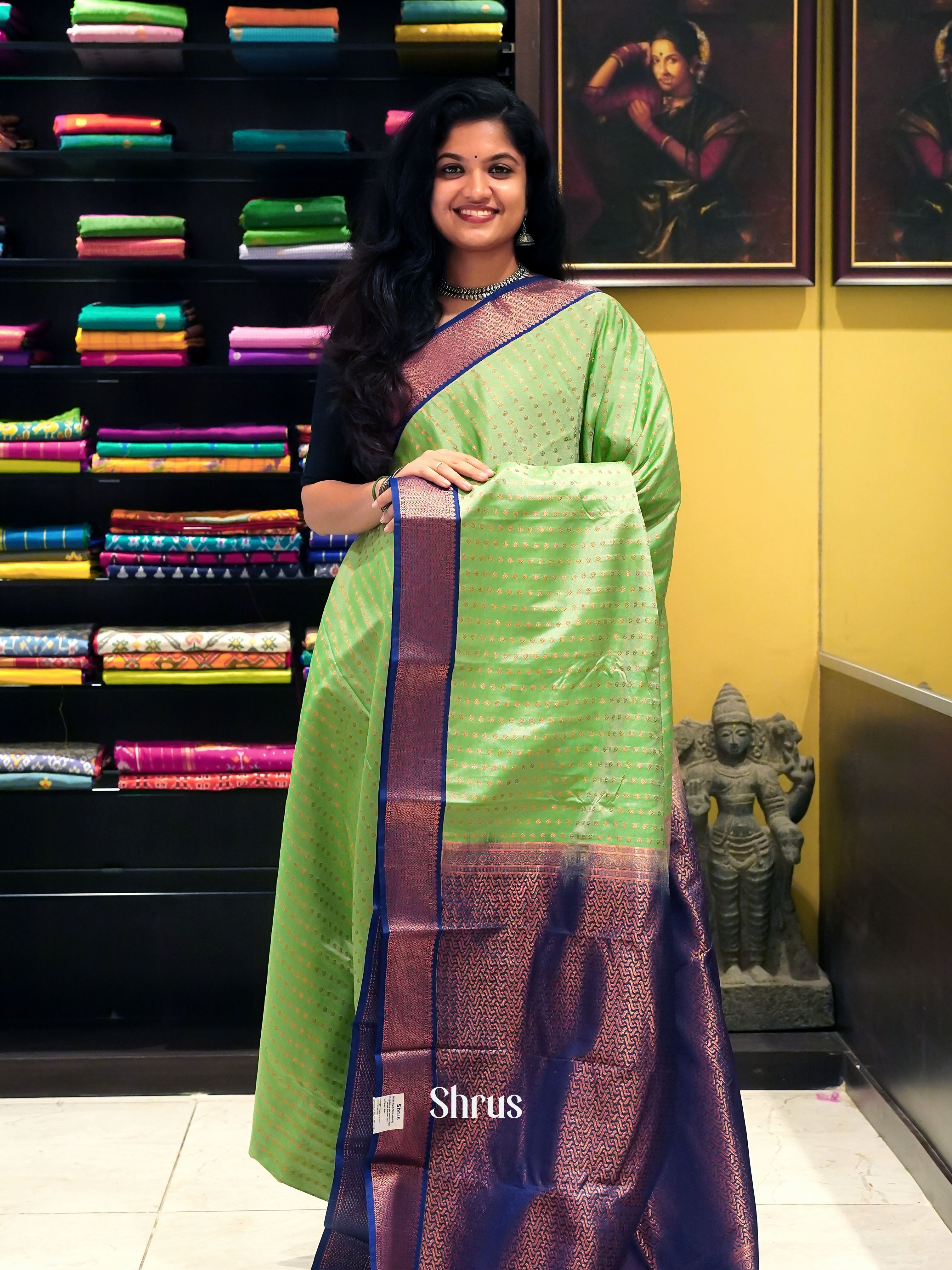 Pista Green & Blue- Semi Kanchipuram Saree - Shop on ShrusEternity.com