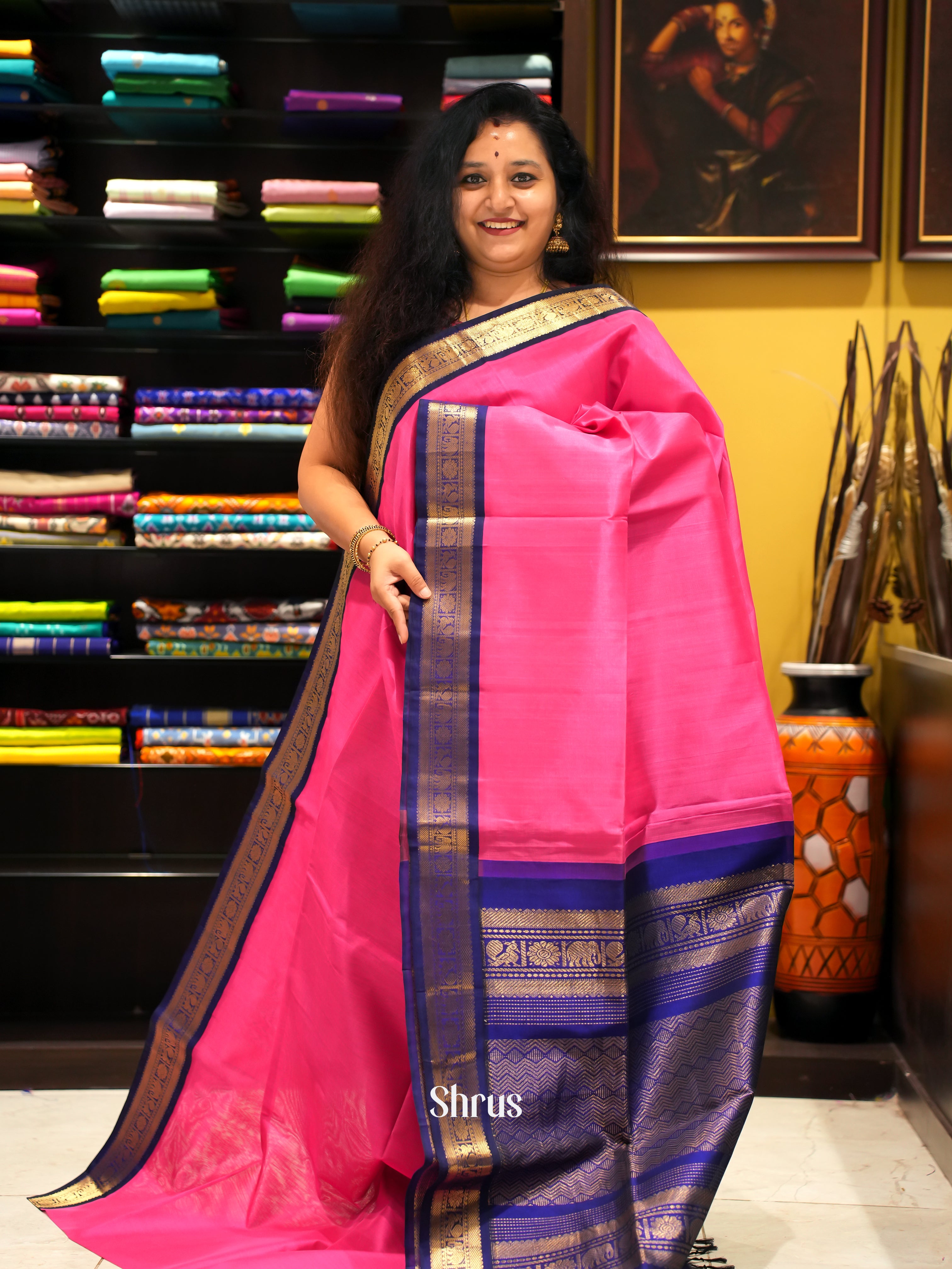 Pink & Blue - Silk Cotton Saree - Shop on ShrusEternity.com