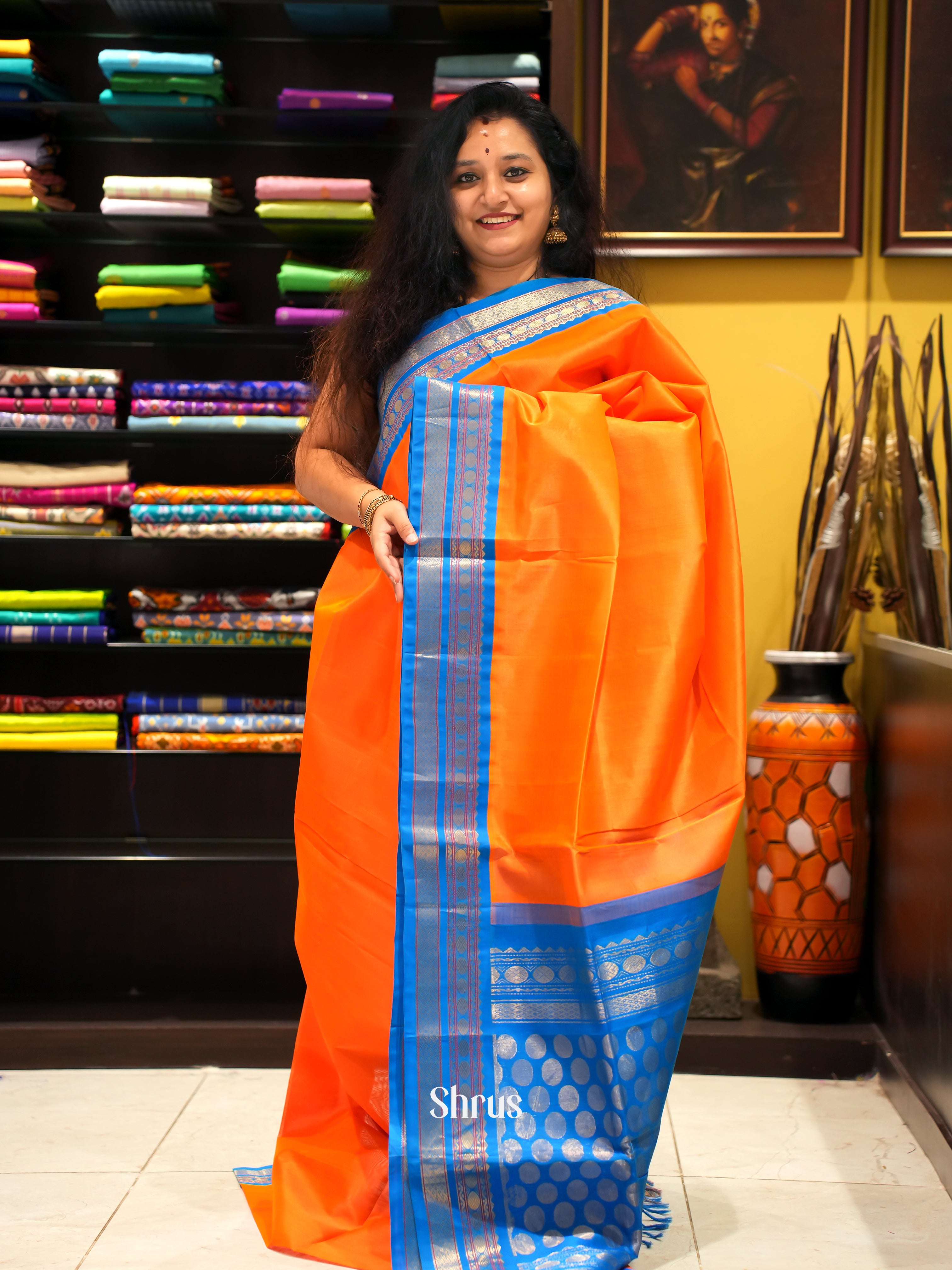 Orange & Blue - Silk Cotton Saree - Shop on ShrusEternity.com