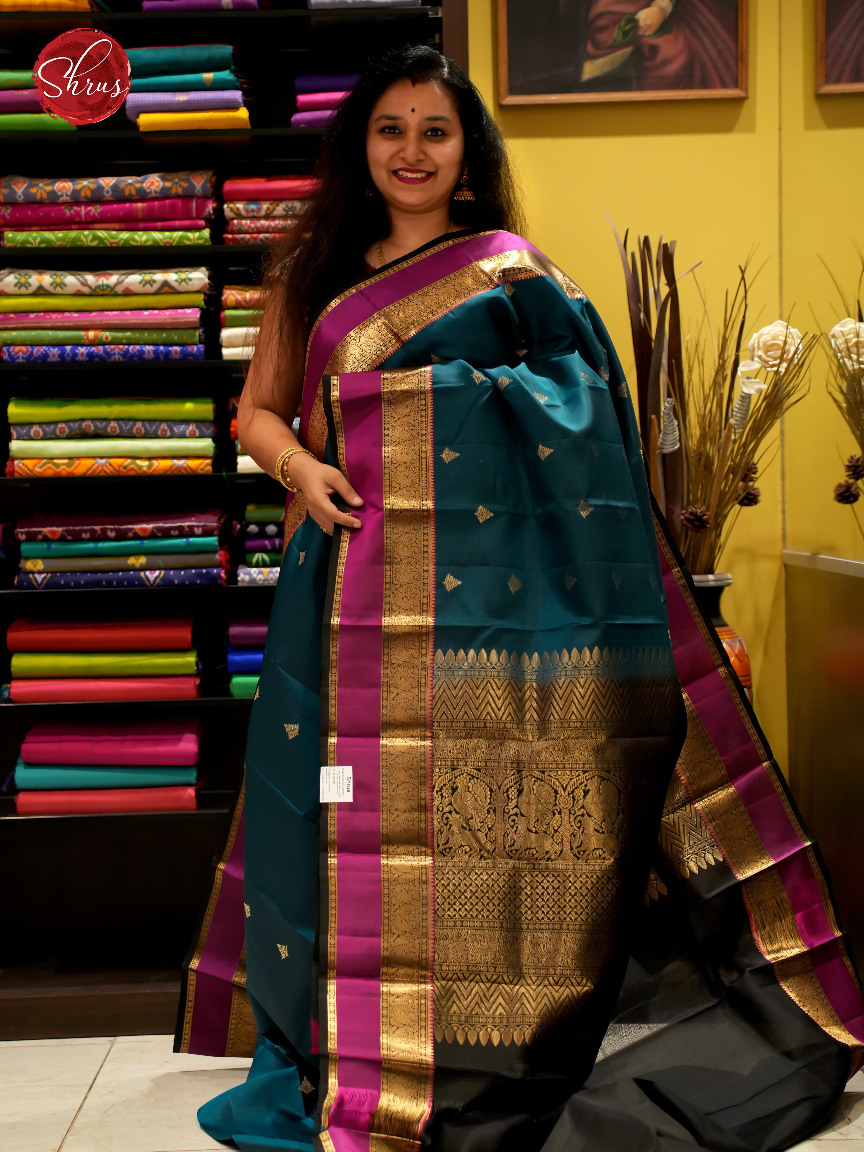 Peacock Blue & Black - Soft Silk Saree - Shop on ShrusEternity.com
