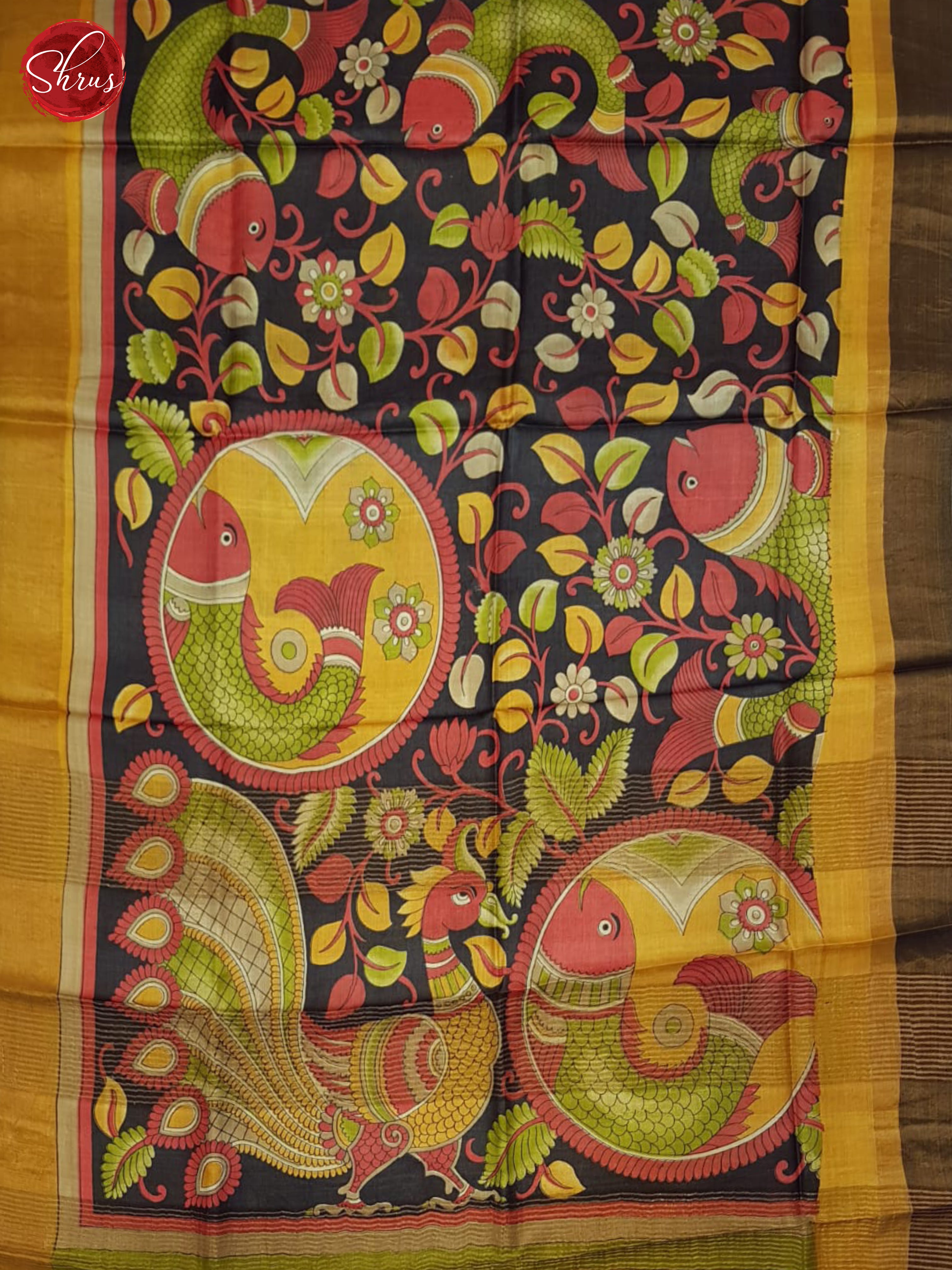 Black & Golden Mustard- Tussar Saree - Shop on ShrusEternity.com