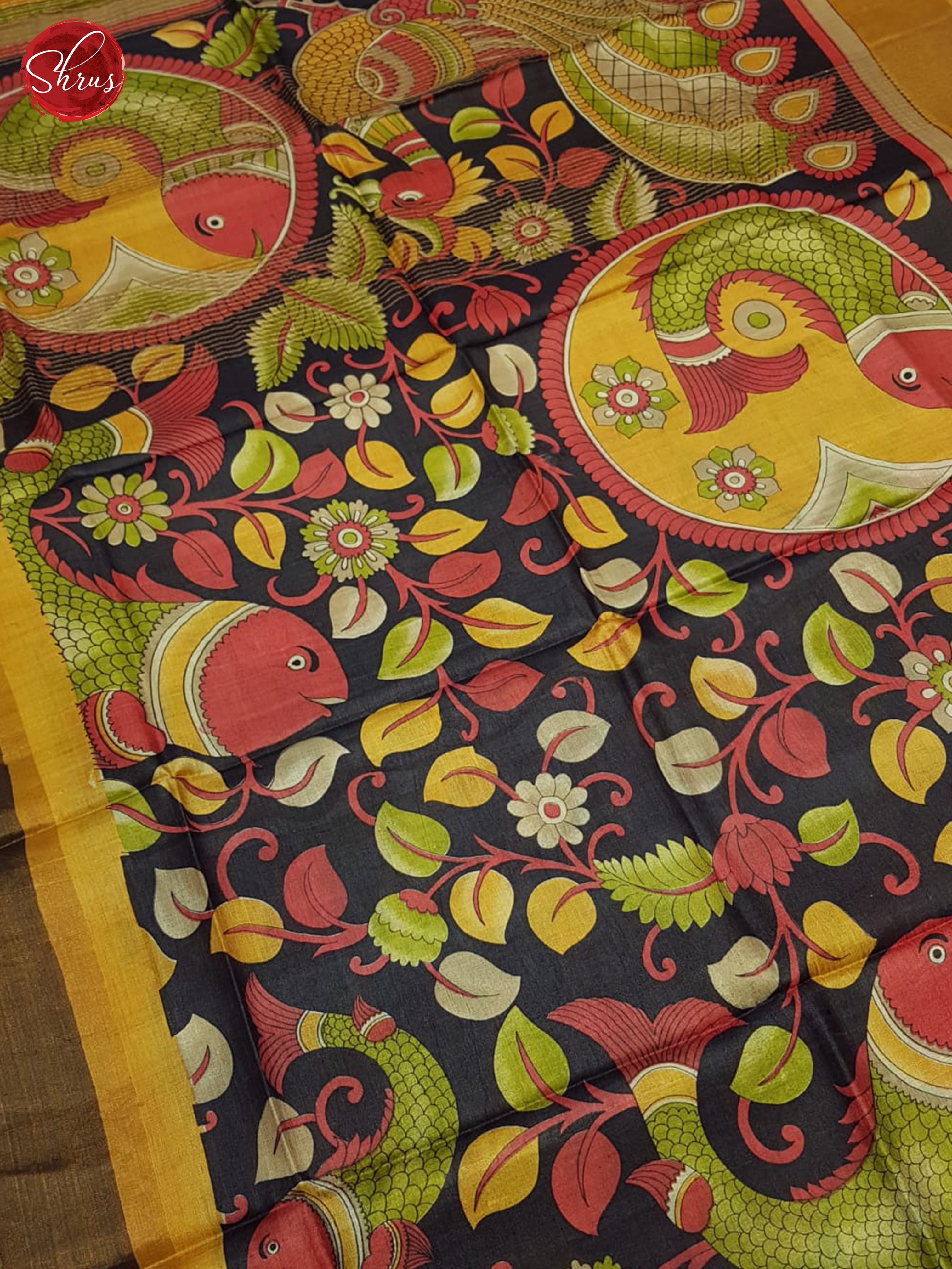 Black & Golden Mustard- Tussar Saree - Shop on ShrusEternity.com