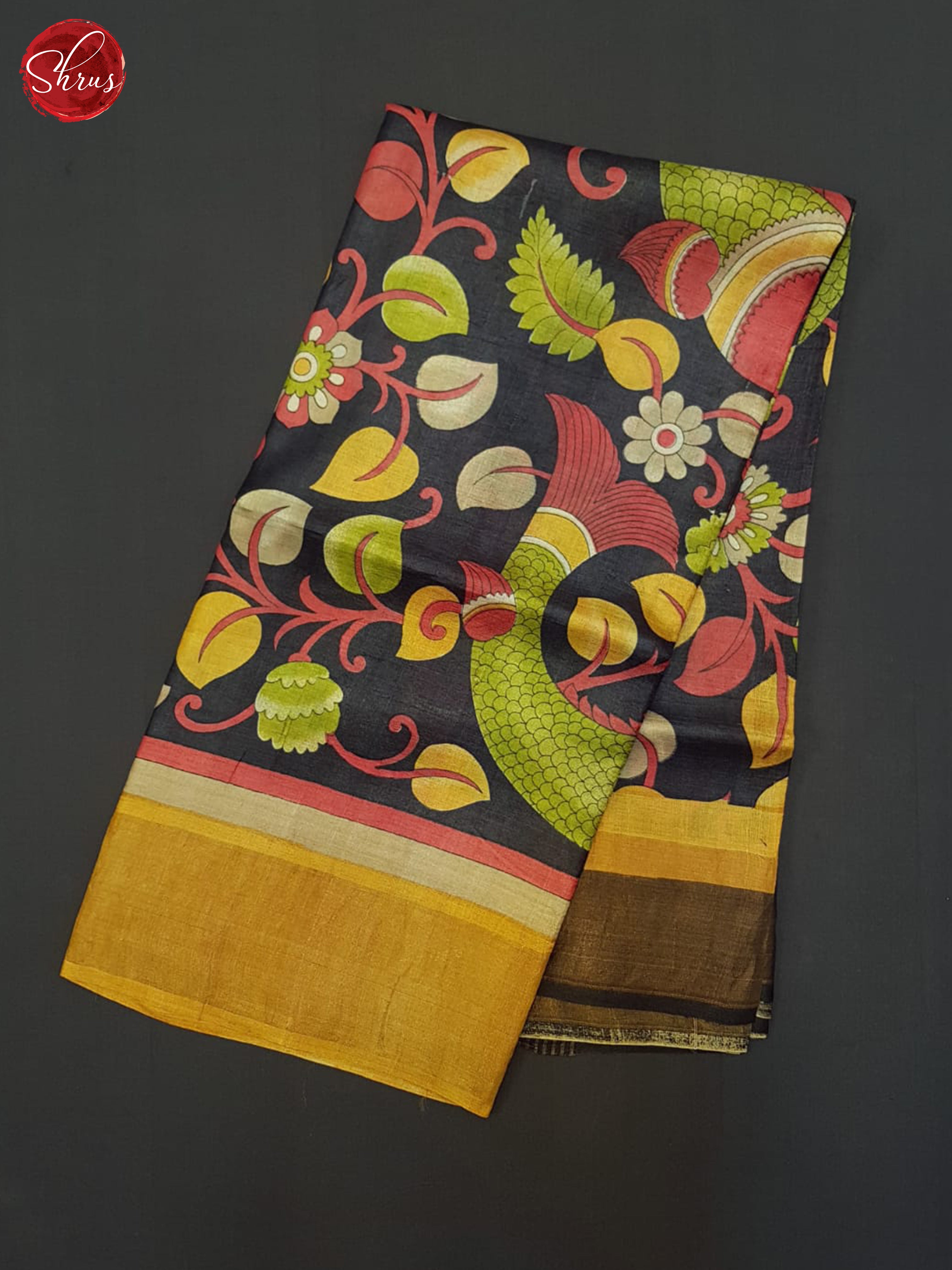 Black & Golden Mustard- Tussar Saree - Shop on ShrusEternity.com