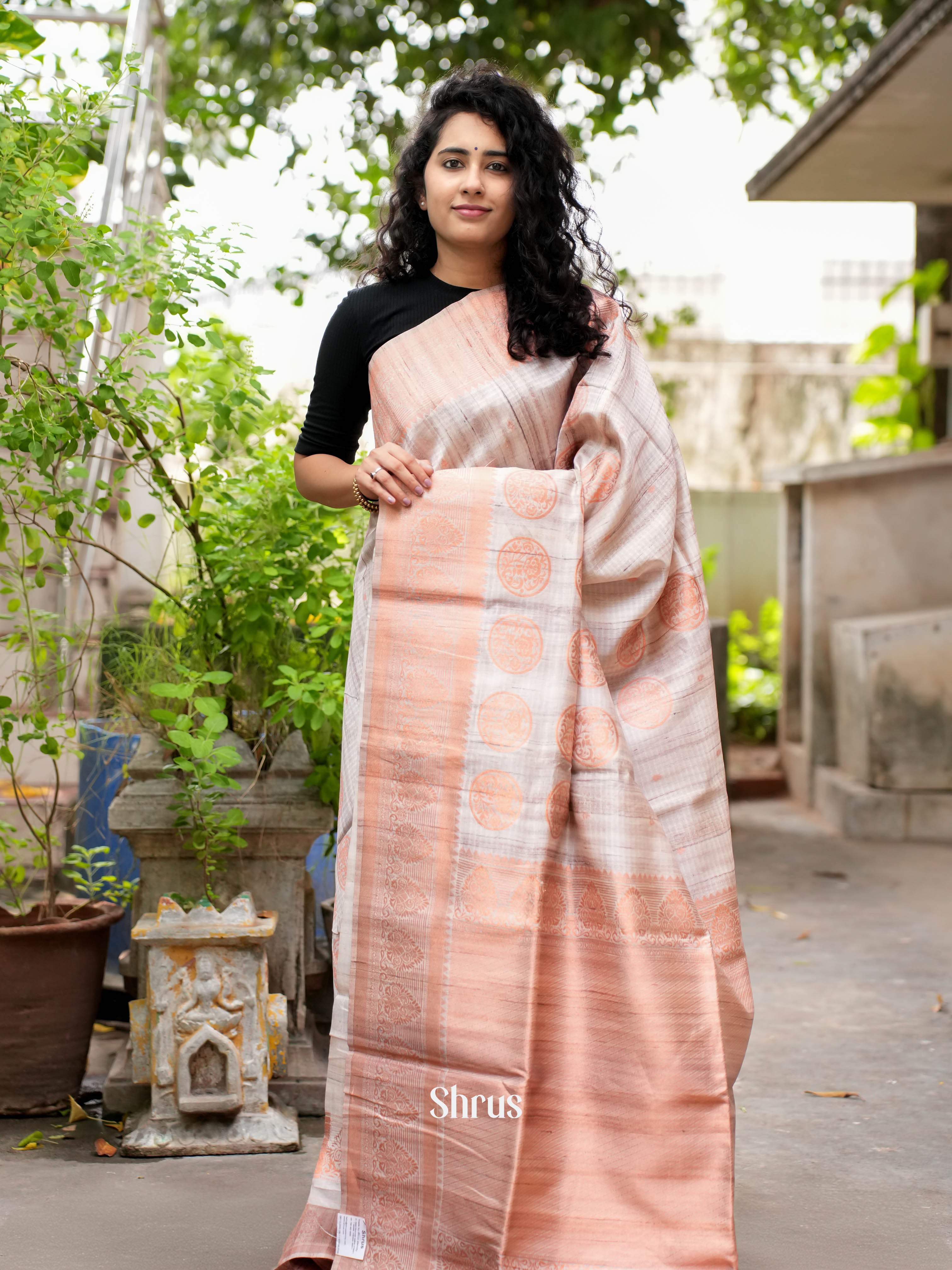 Cream & Dusty Brown- Semi Tussar Saree - Shop on ShrusEternity.com