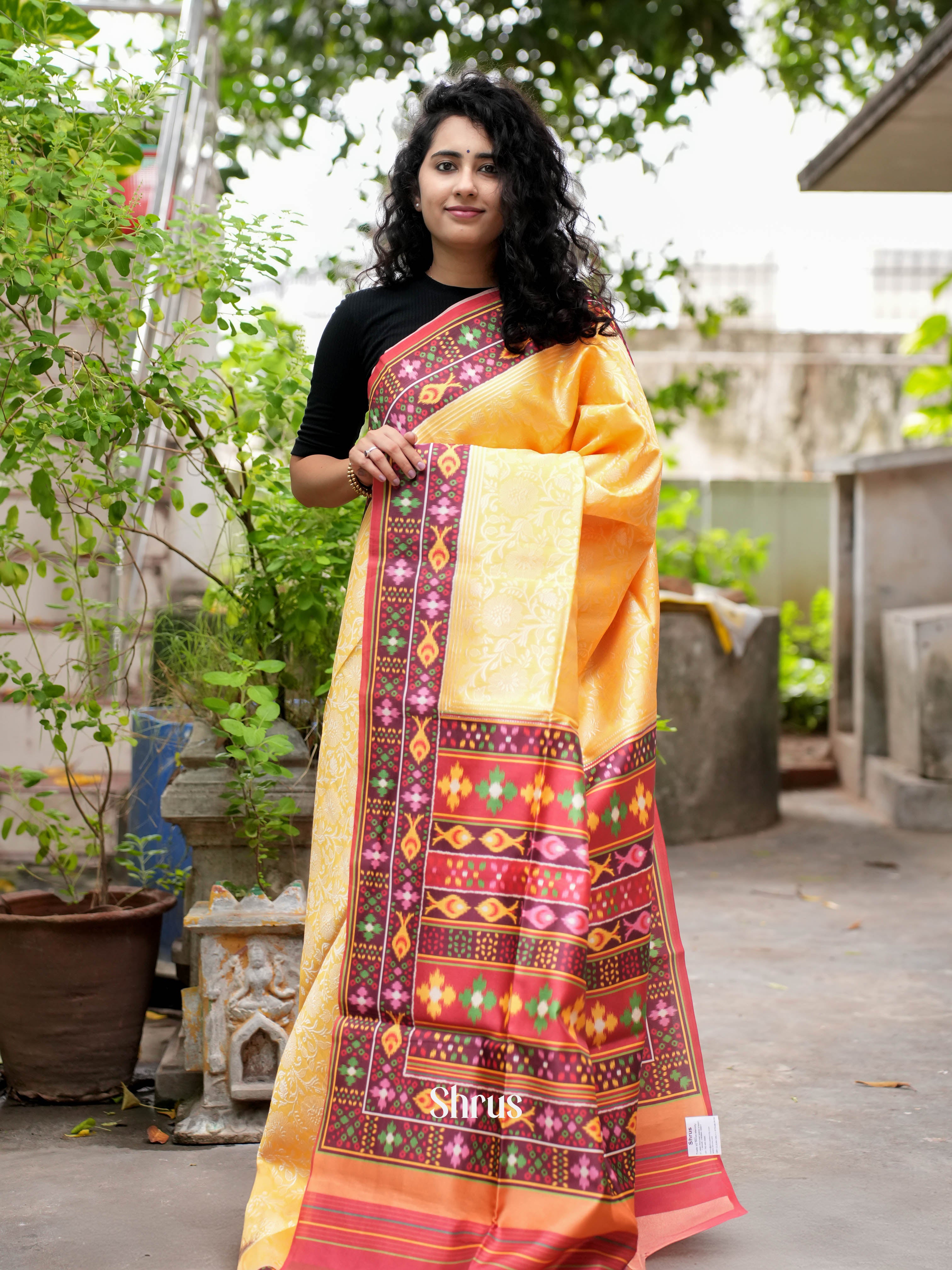 Yellow & Pink - Semi Tussar Saree - Shop on ShrusEternity.com