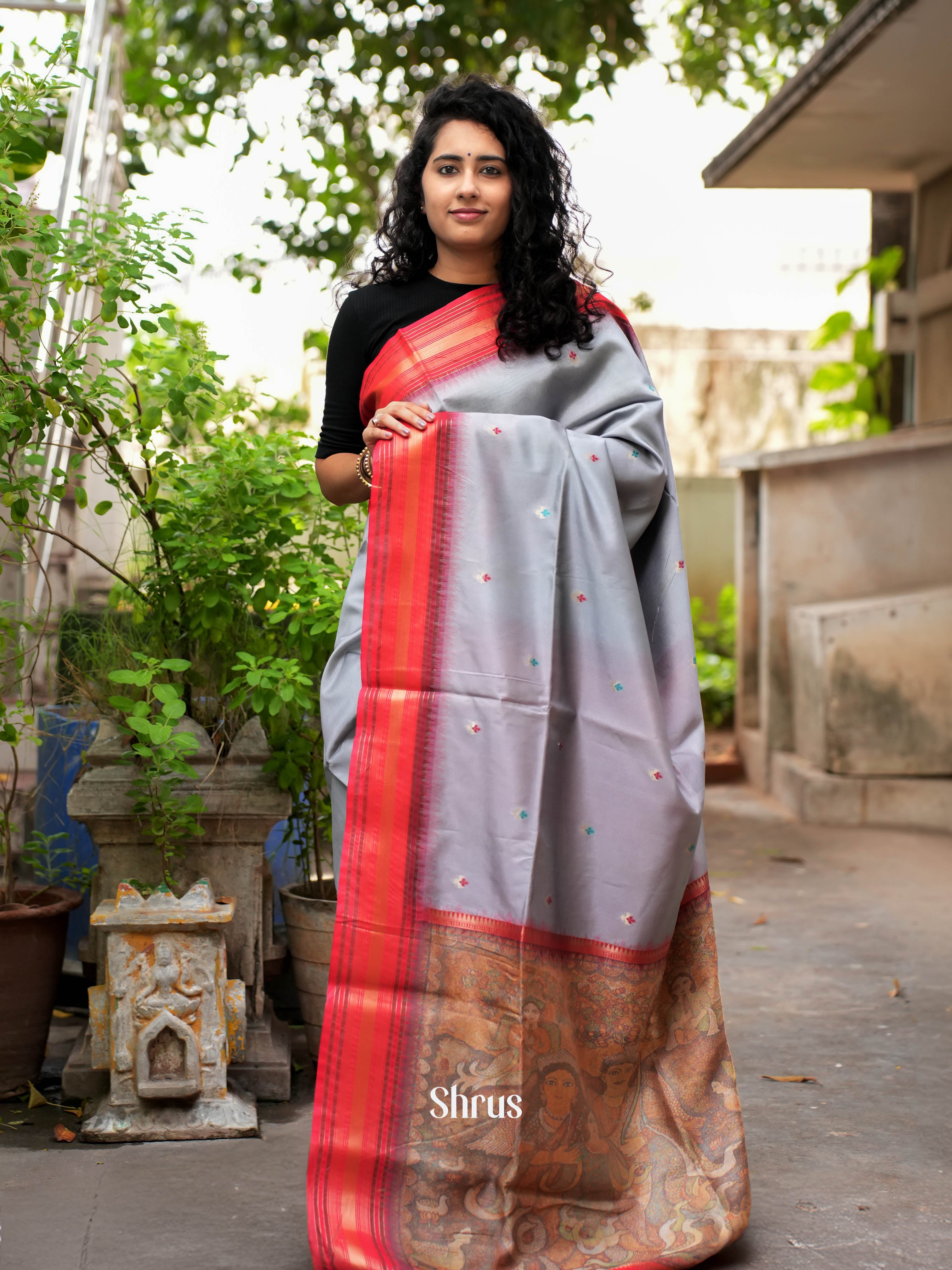 Grey & Red- Semi Tussar Saree - Shop on ShrusEternity.com