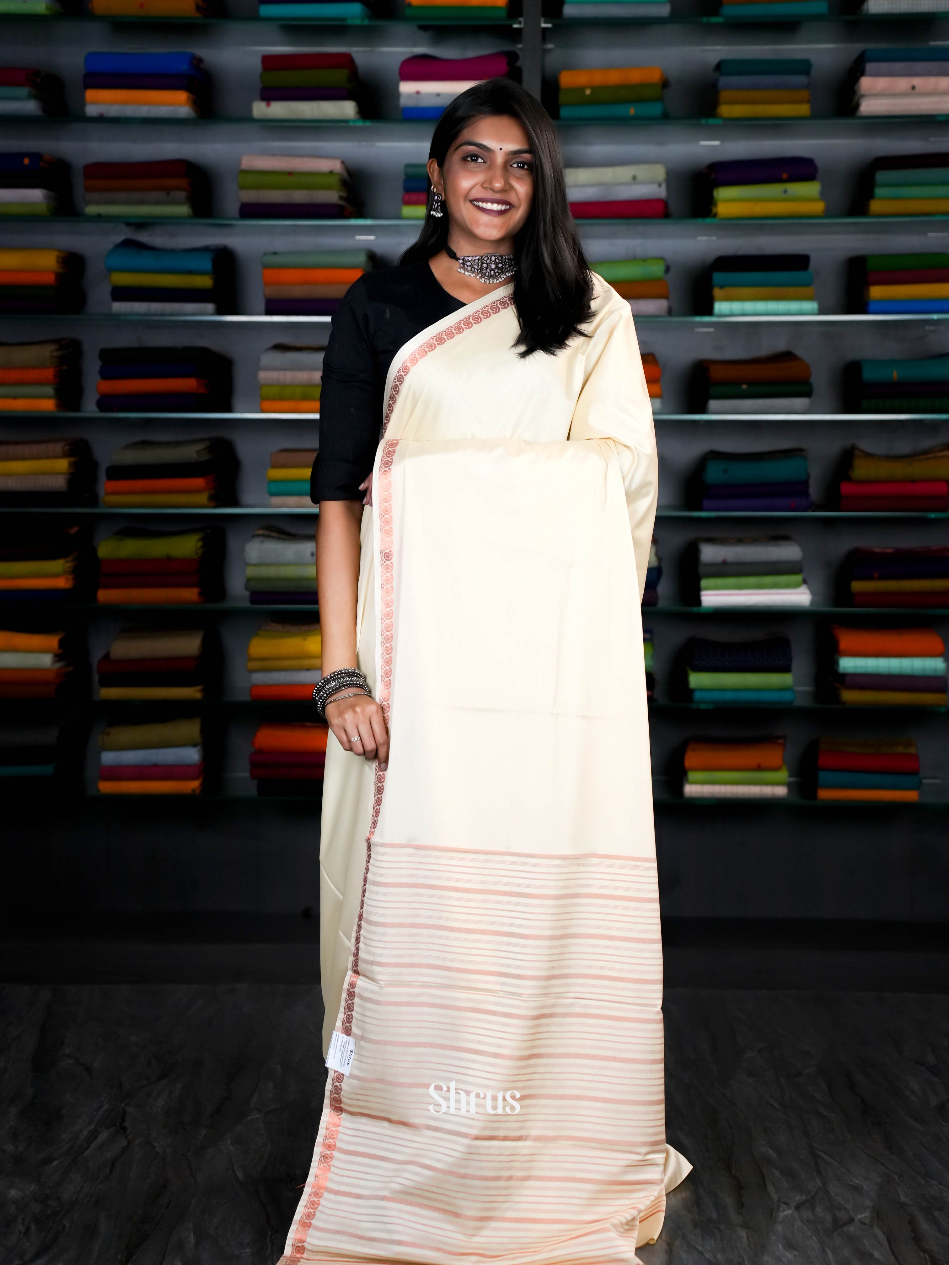 Cream(Single Tone) - Semi Mysoresilk Saree - Shop on ShrusEternity.com