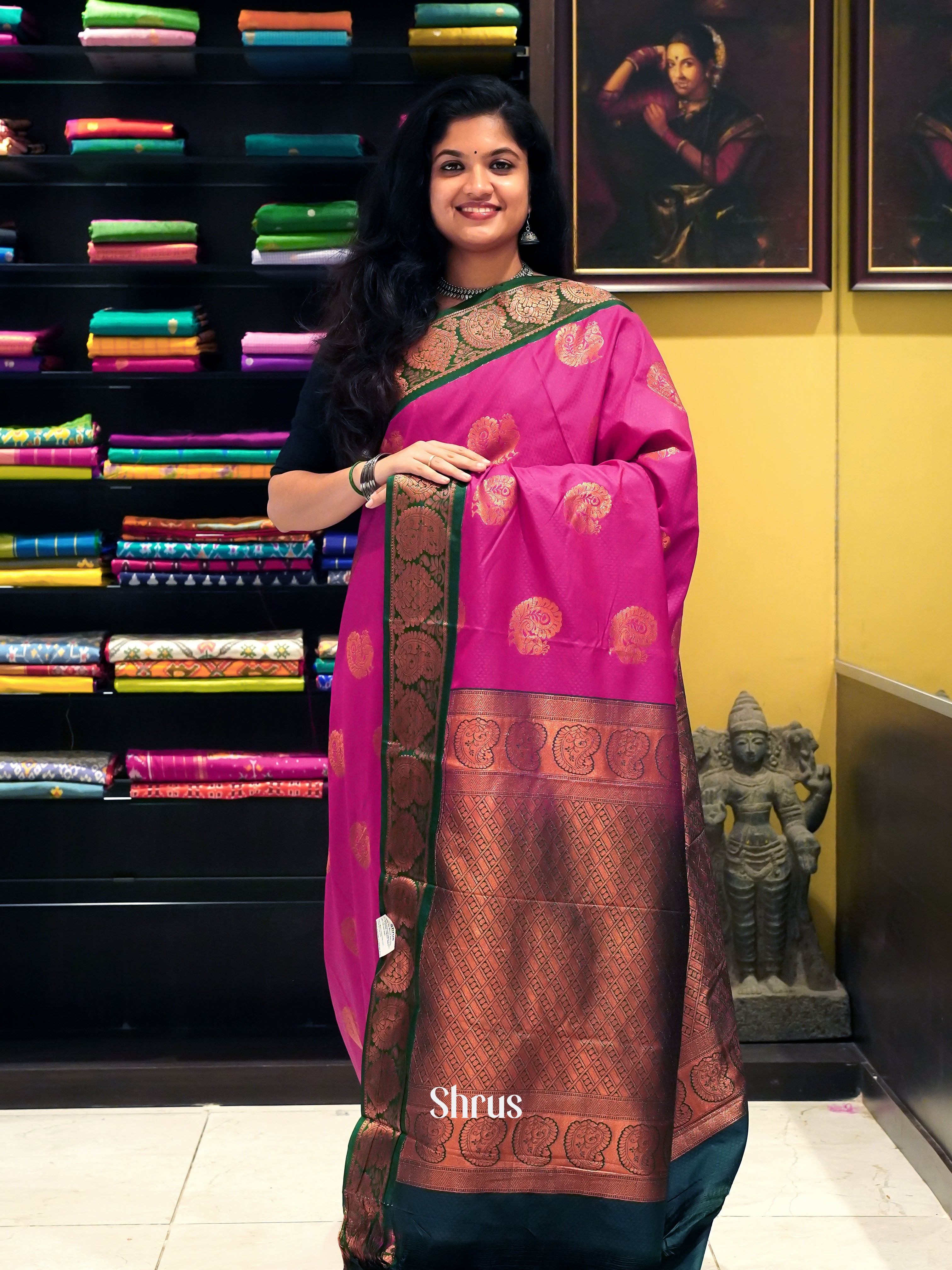 Pink & Green- Semi Kanchipuram Saree - Shop on ShrusEternity.com