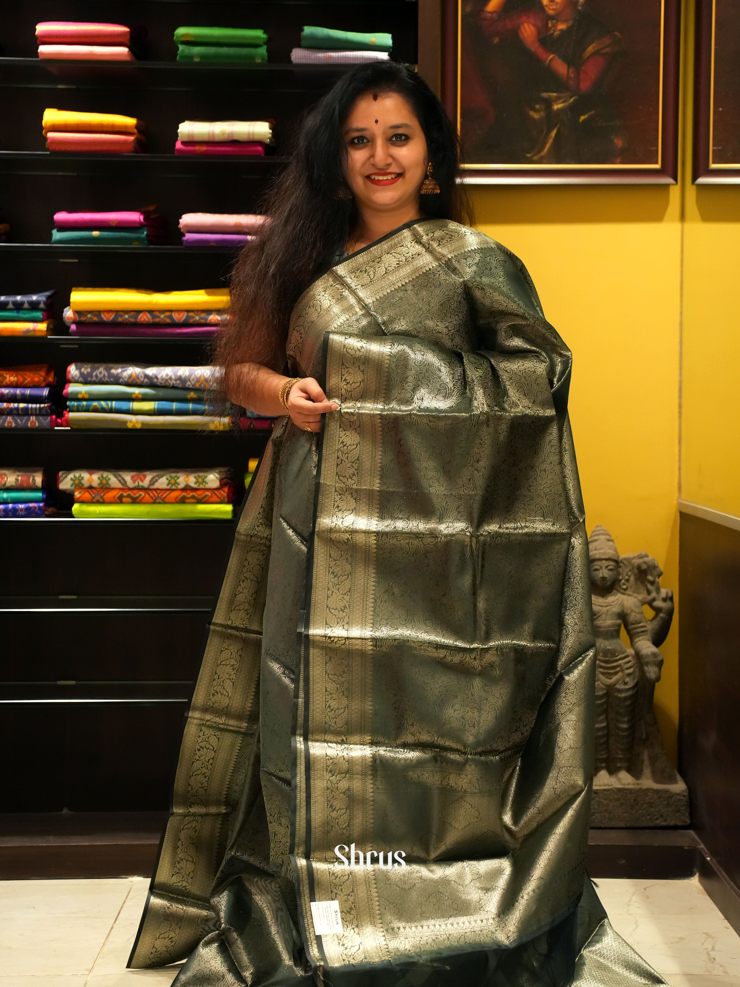 Bottle Green(Single Tone) - Semi Tissue Saree - Shop on ShrusEternity.com