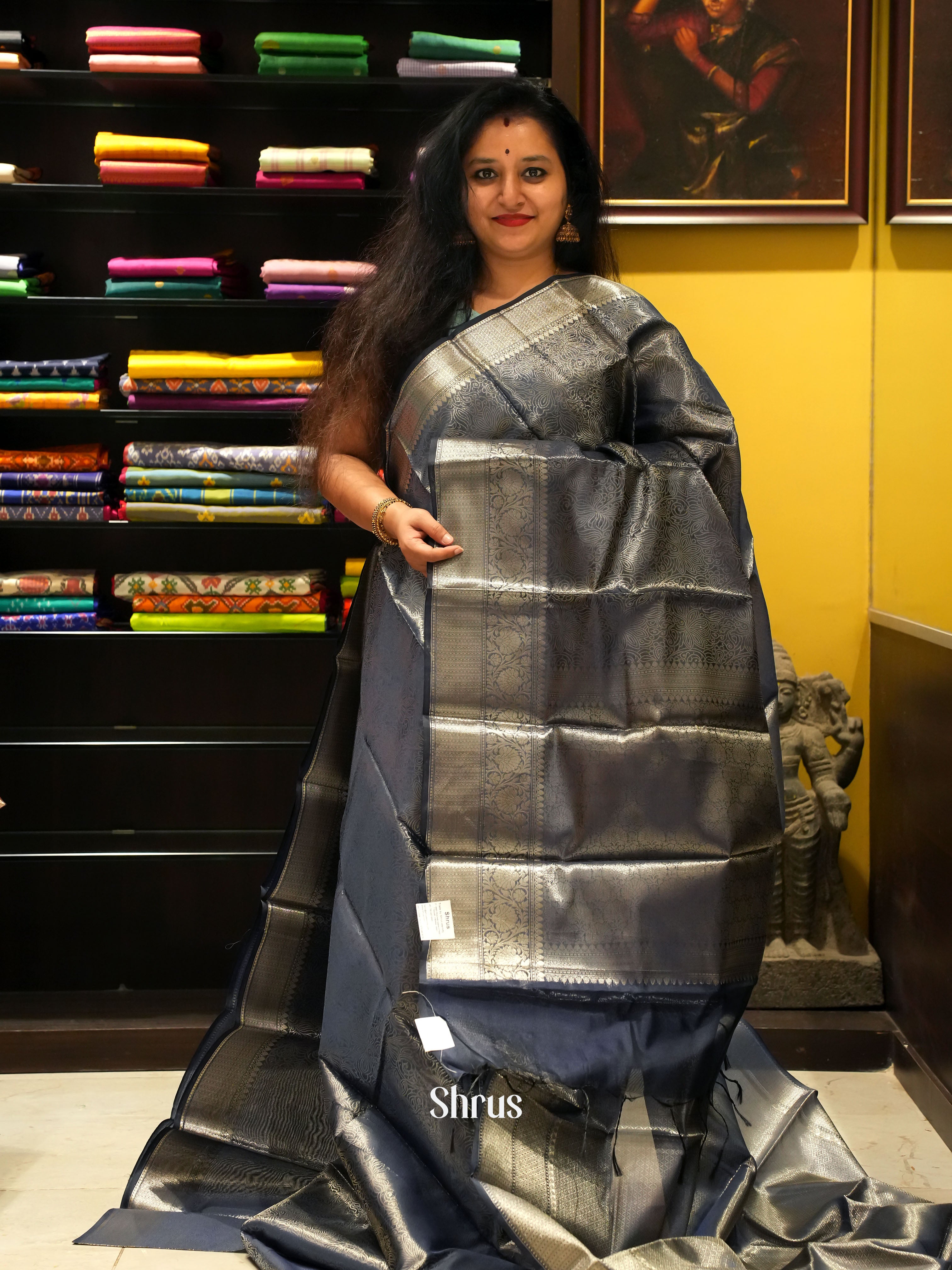 Navy Blue(Single Tone) - Semi Tissue Saree - Shop on ShrusEternity.com