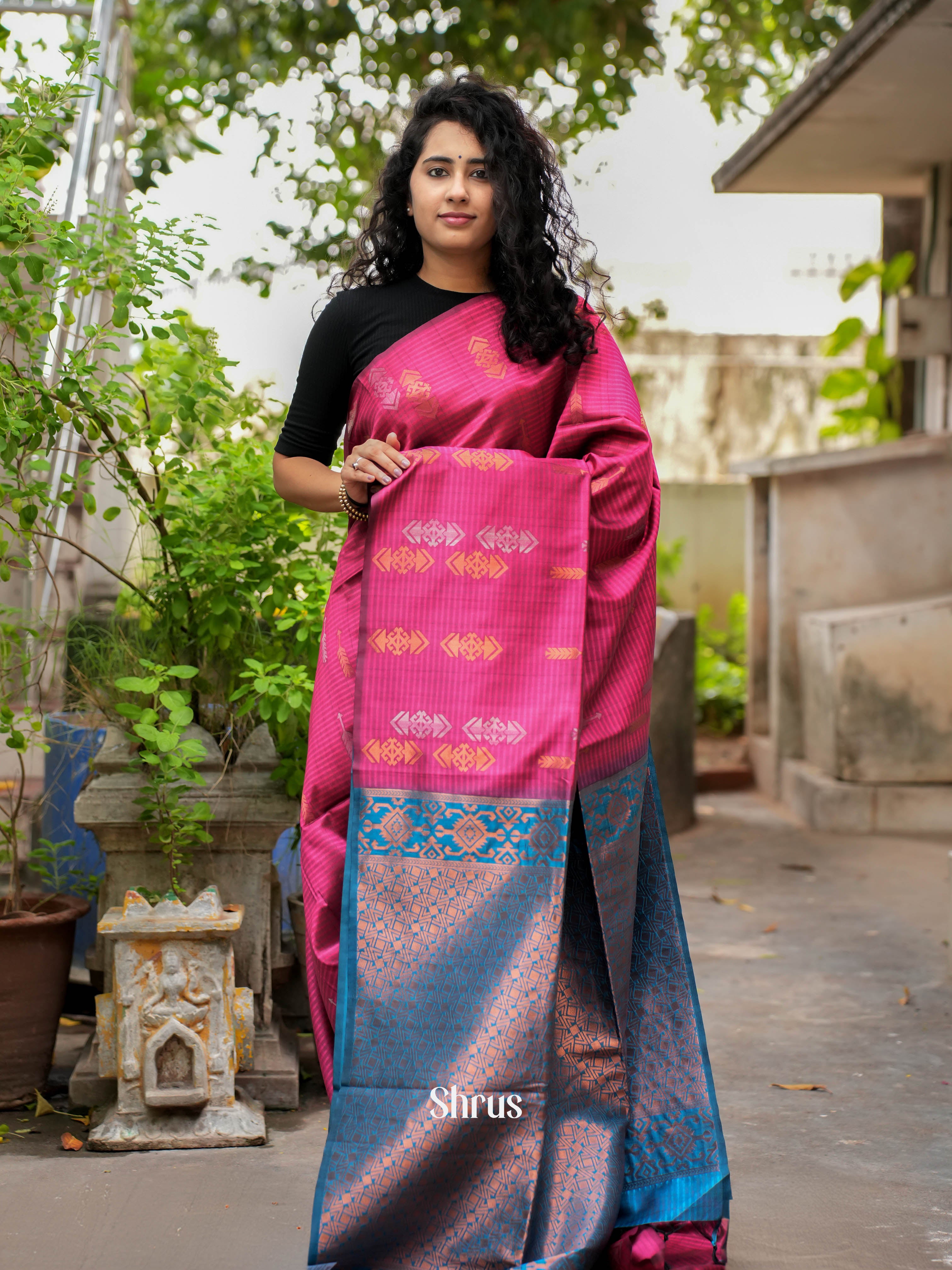 Majenta Pink & Blue- Semi Tussar Saree - Shop on ShrusEternity.com