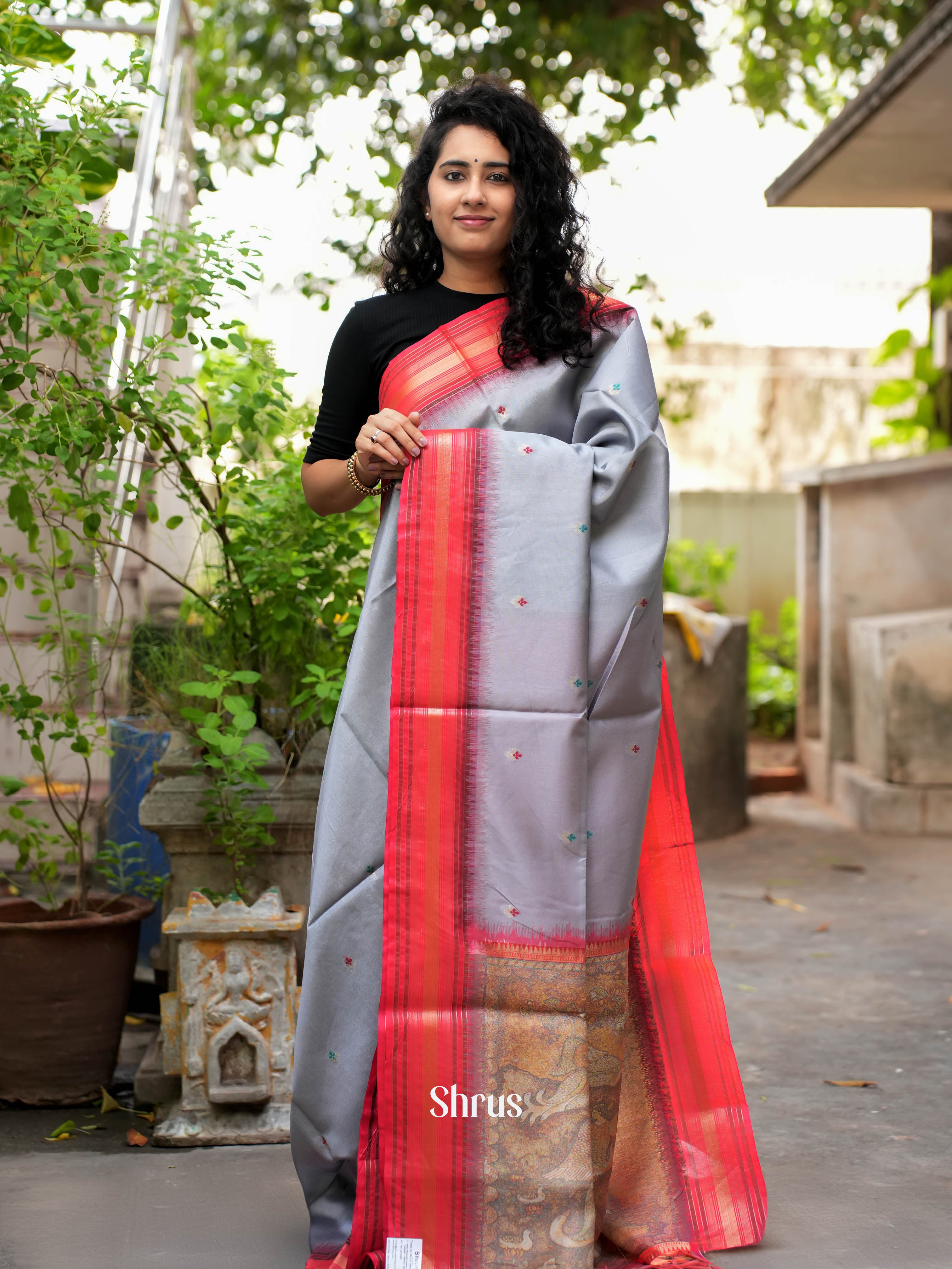 Grey & Red- Semi Tussar Saree - Shop on ShrusEternity.com