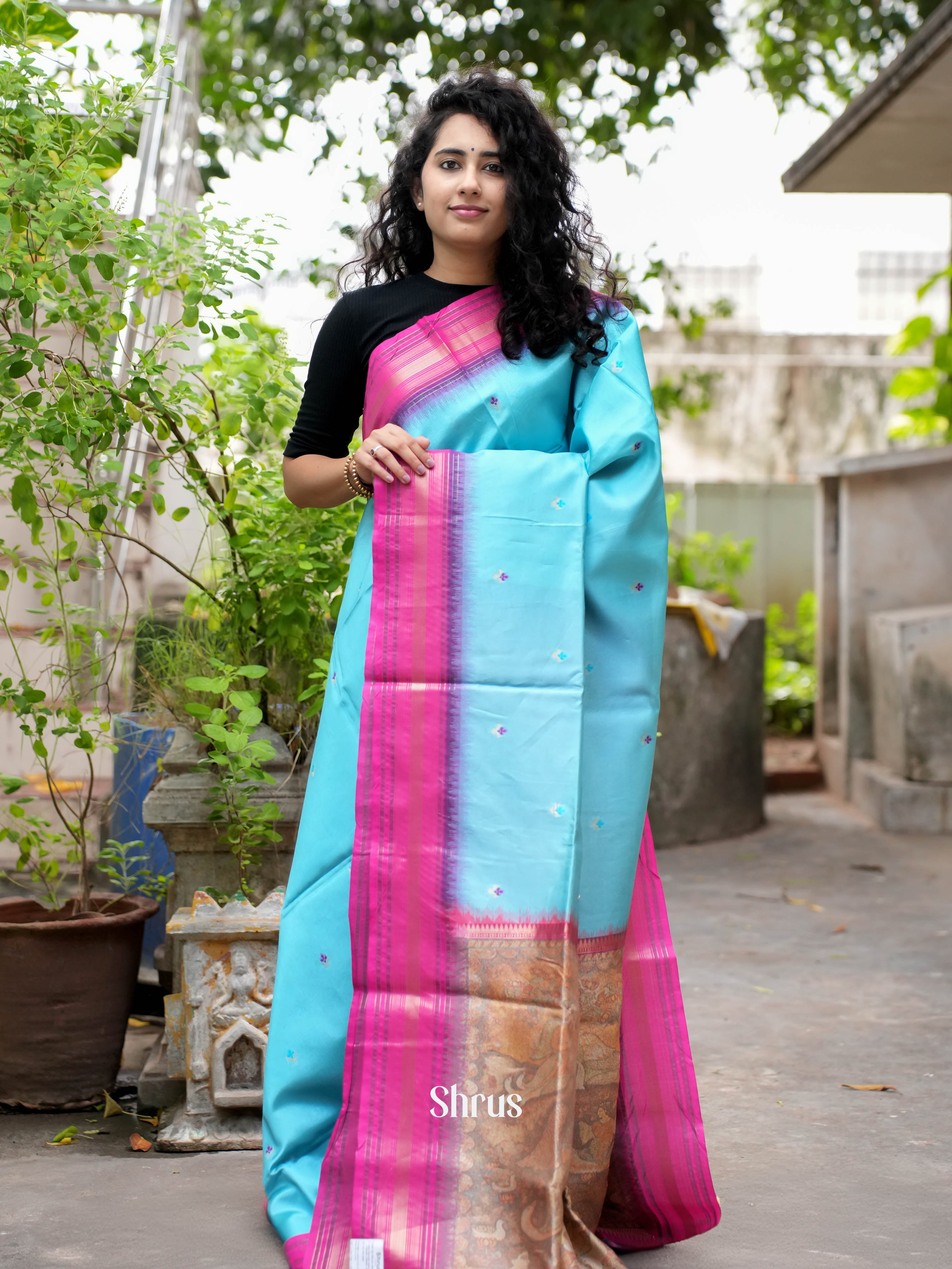 Blue & Pink - Semi Tussar Saree - Shop on ShrusEternity.com