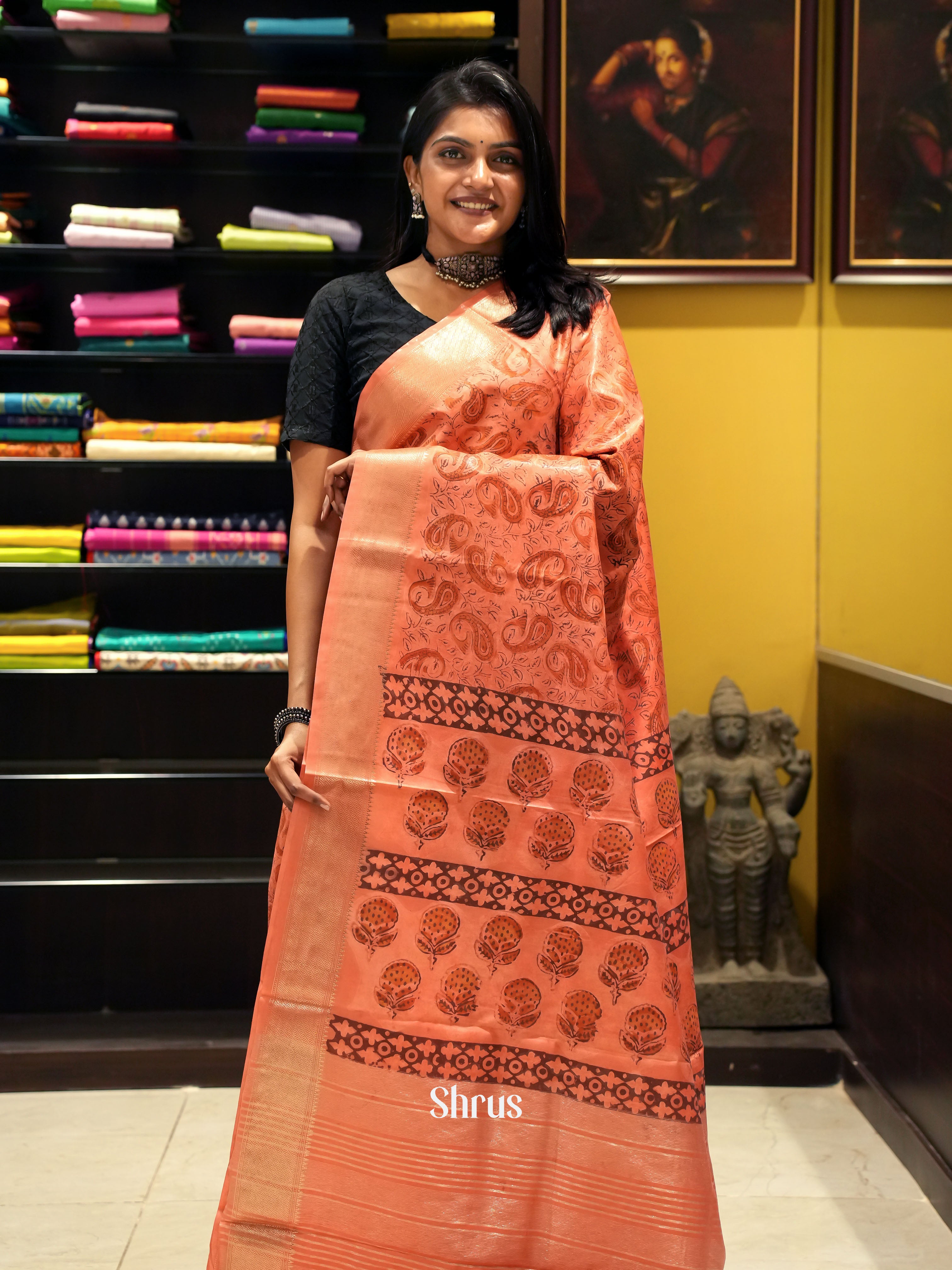 Peach (single tone) -Semi Chanderi Saree - Shop on ShrusEternity.com