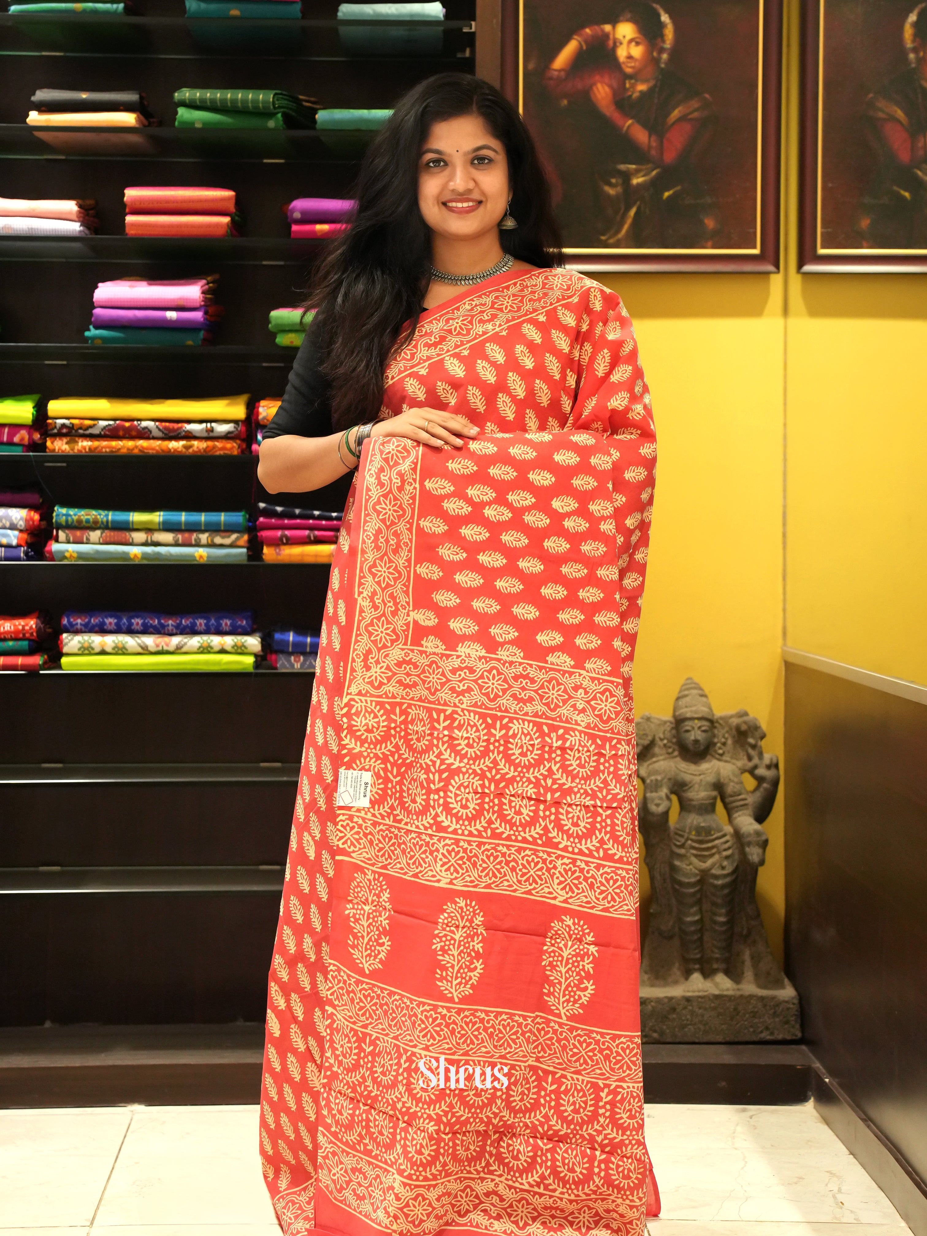 Orange(Single Tone) - Jaipur cotton Saree - Shop on ShrusEternity.com