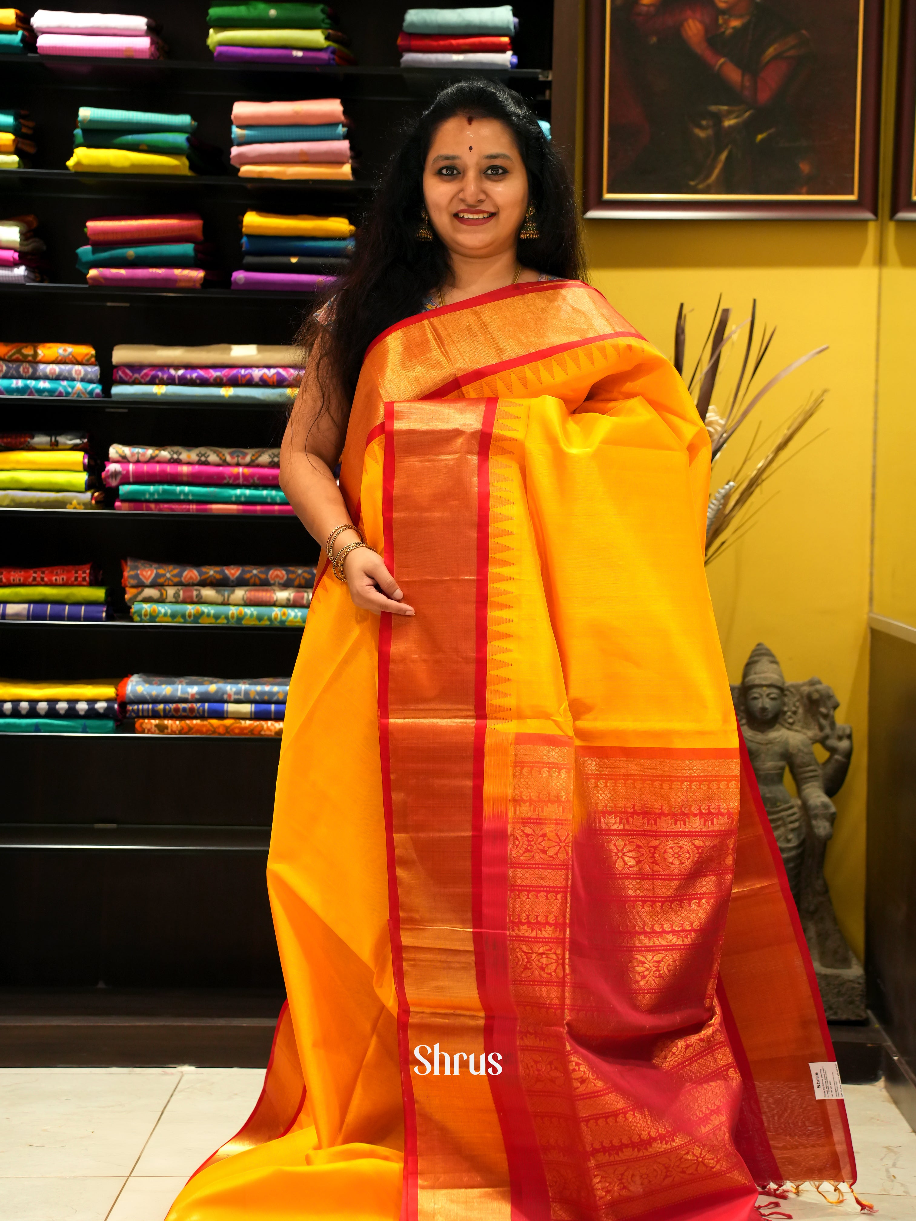 Yellow & Red - Silk Cotton Saree - Shop on ShrusEternity.com