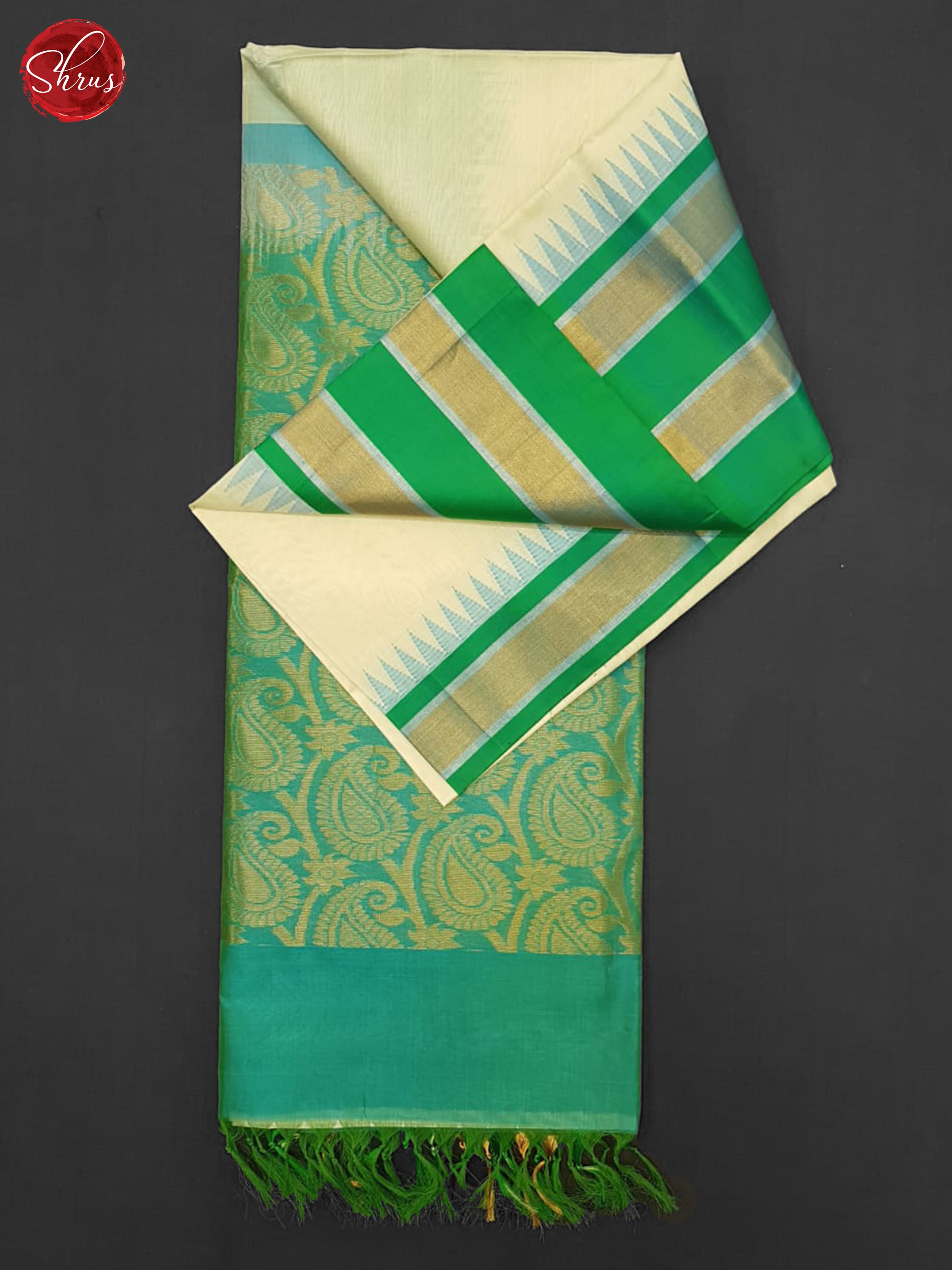 Cream & Teal Green - Silk Cotton Saree - Shop on ShrusEternity.com