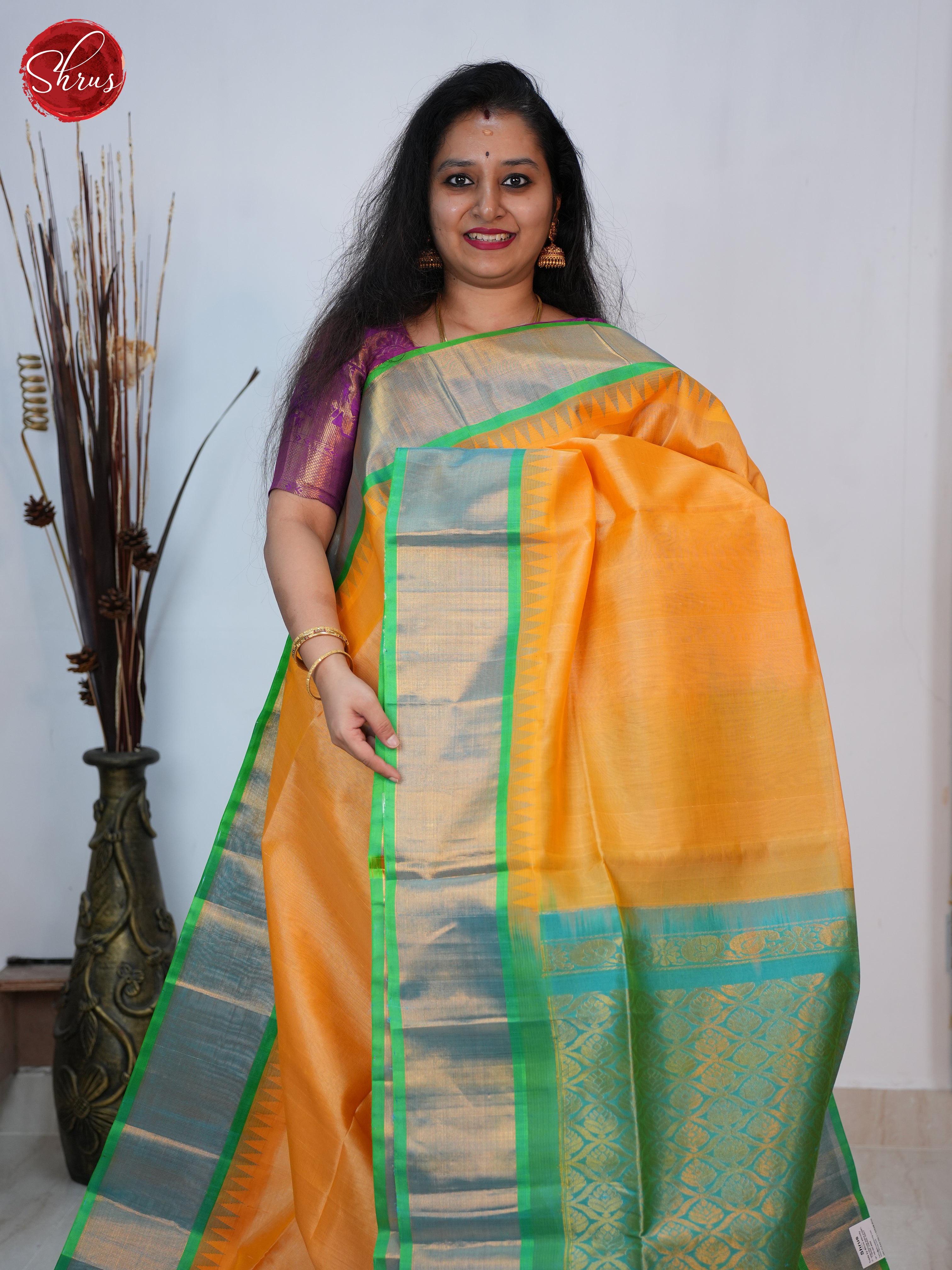 Lime Yellow & Green- Silk Cotton Saree - Shop on ShrusEternity.com