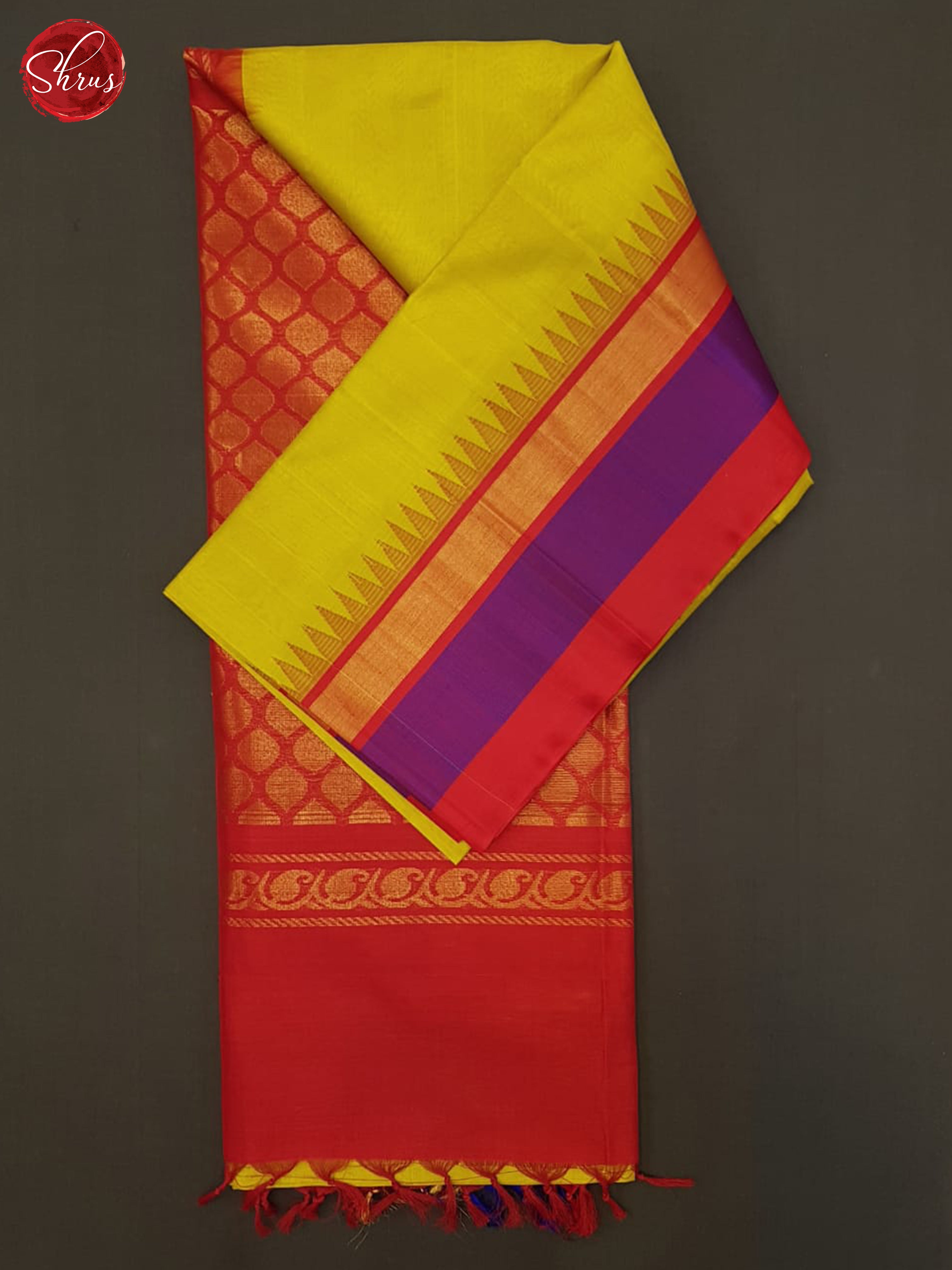 Lime Green & Red- Silk Cotton Saree - Shop on ShrusEternity.com