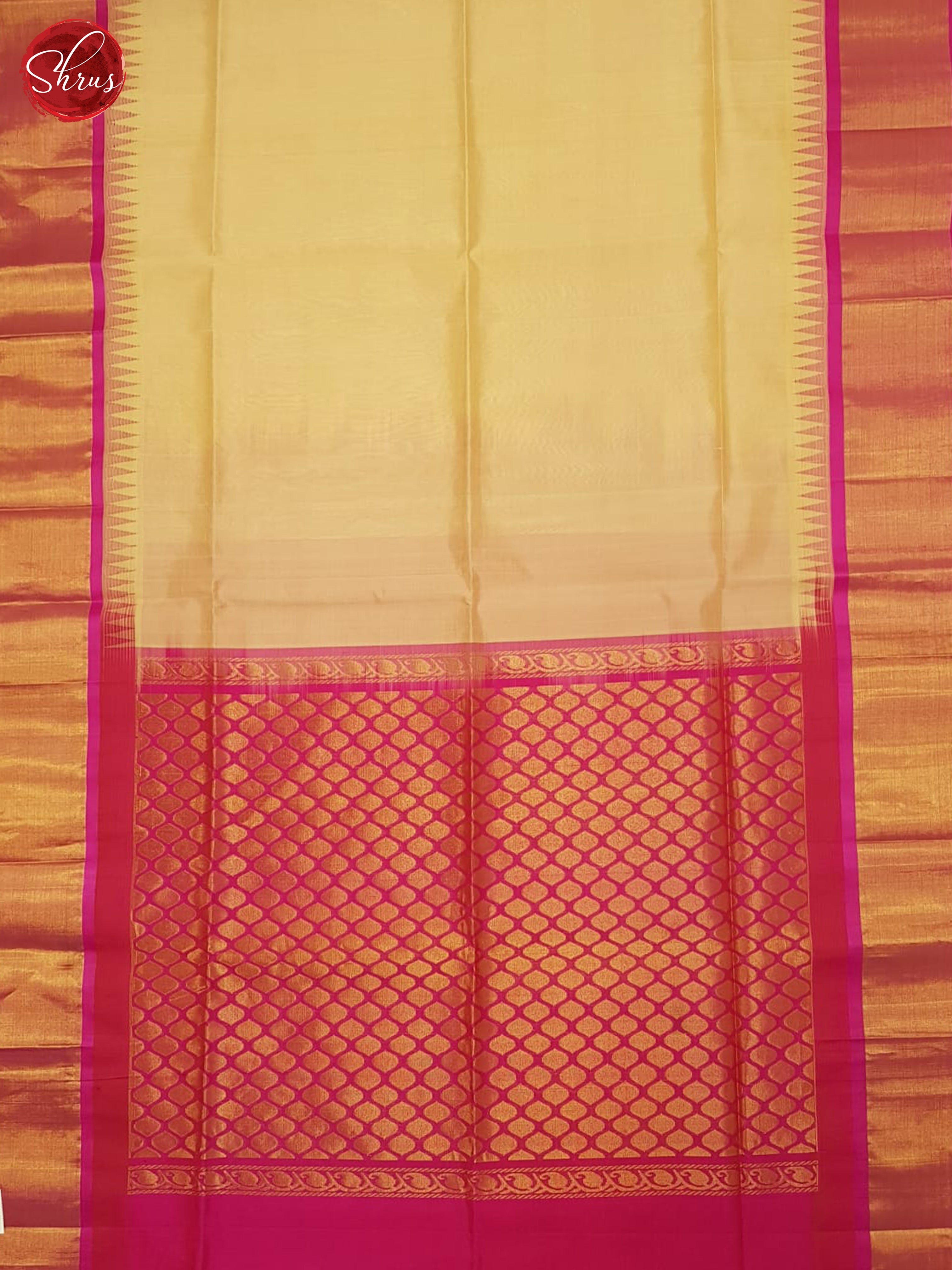 Beige & Pink- Silk Cotton Saree - Shop on ShrusEternity.com