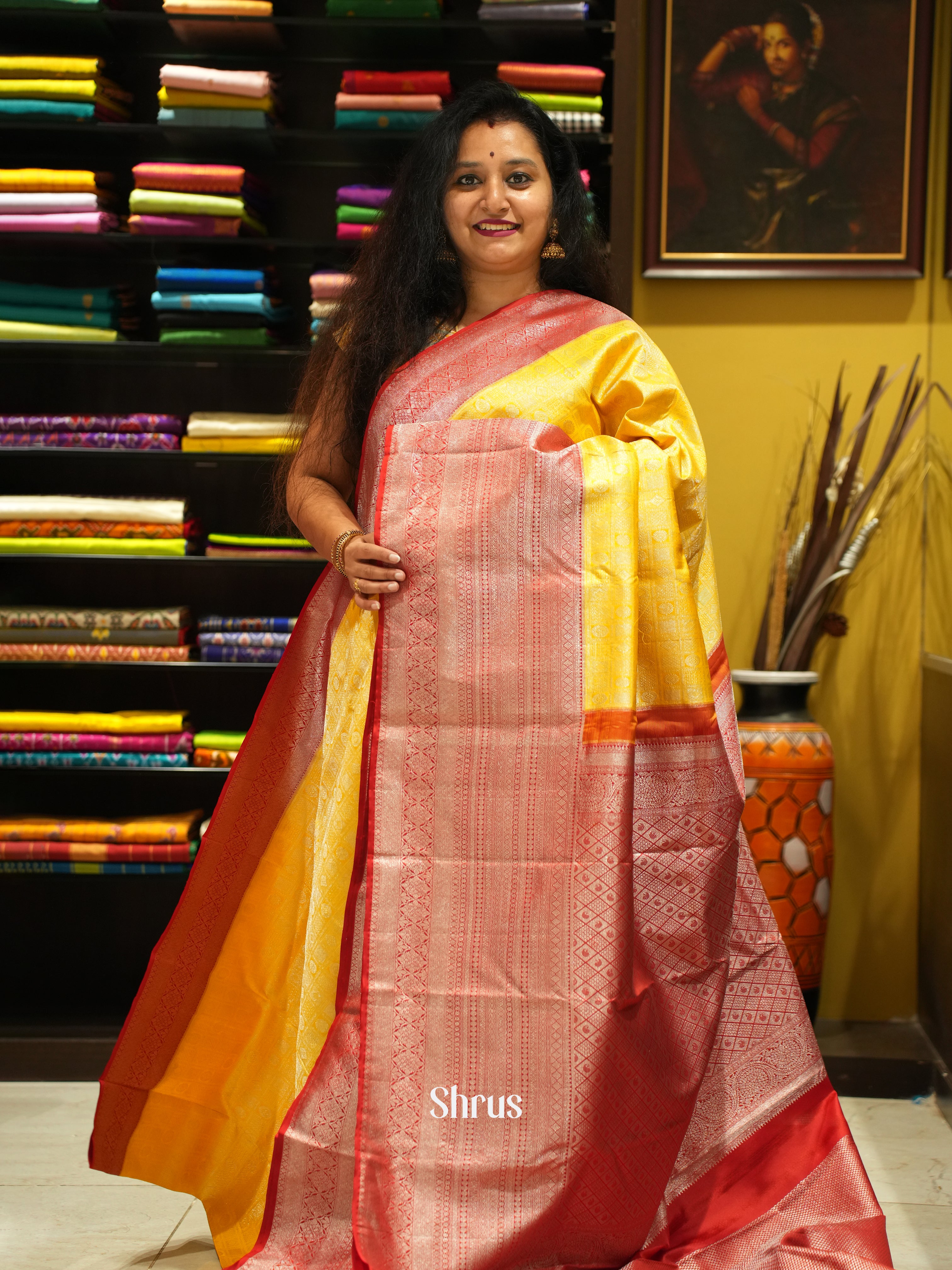 Enchanting Yellow and Red Korvai Kanchipuram Silk Saree Adorned With Golden Zari Woven Brocade-1