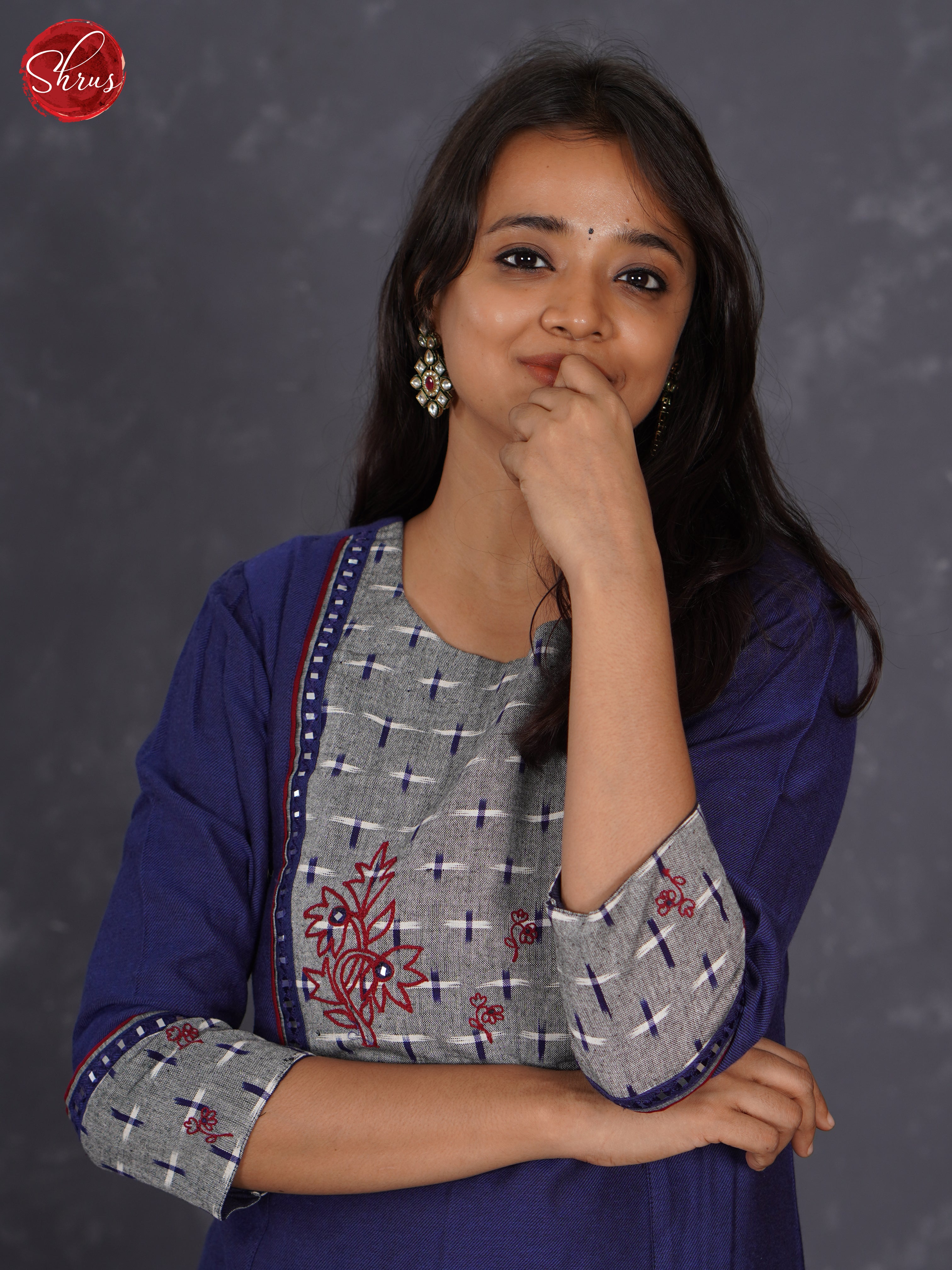 Blue - Readymade kurti Top with Double Ikkat Yoke & Handwork thread design - Shop on ShrusEternity.com