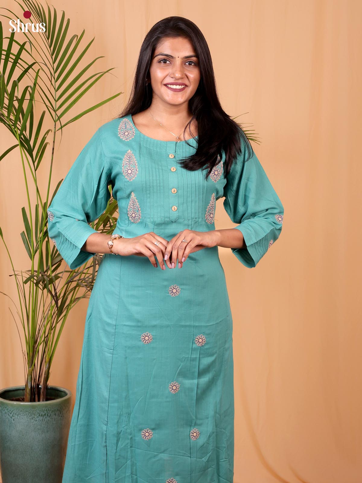 Green -Mirror Embroidery Readymade Straight Kurti - Shop on ShrusEternity.com